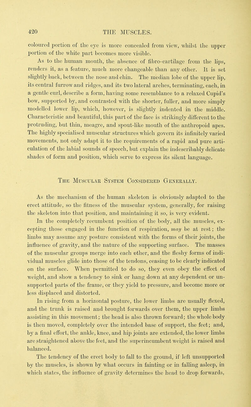coloured portion of the eye is more concealed from vieAV, whilst the upper portion of the white part becomes more visible. As to the human mouth, the absence of fibro-cartilage from the lips, renders it, as a feature, much more changeable than any other. It is set slightly back, between the nose and chin. The median lobe of the upper lip, its central furrow and ridges, and its two lateral arches, terminating, each, in a gentle curl, describe a form, having some resemblance to a relaxed Cupid's bow, supported by, and contrasted with the shorter, fuller, and more simply modelled lower lip, which, however, is slightly indented in the middle. Characteristic and beautiful, this part of the face is strikingly different to the protruding, but thin, meagre, and spout-like mouth of the anthropoid apes. The highly specialised muscular structures which govern its infinitely varied movements, not only adapt it to the requirements of a rapid and pure arti- culation of the labial sounds of speech, but explain the indescribably delicate shades of form and position, which serve to express its silent language. The Muscular System Considered Generally. As the mechanism of the human skeleton is obviously adapted to the erect attitude, so the fitness of the muscular system, generally, for raising the skeleton into that position, and maintaining it so, is very evident. In the completelj^ recumbent position of the body, all the muscles, ex- cepting those engaged in the function of respiration, may be at rest; the limbs may assume any posture consistent with the forms of their joints, the influence of gravity, and the nature of the supporting surface. The masses of the muscular groups merge into each other, and the fleshy forms of indi- vidual muscles glide into those of the tendons, ceasing to be clearly indicated on the surface. When permitted to do so, they even obey the effect of weight, and show a tendency to sink or hang down at any dependent or un- supported j)arts of the frame, or they yield to pressure, and become more or less displaced and distorted. In rising from a horizontal posture, the lower limbs are usually flexed, and the trunk is raised and brought forwards over them, the upper limbs assisting in this movement; the head is also thrown forward; the whole body is then moved, completely over the intended base of support, the feet; and, by a final effort, the ankle, knee, and hip joints are extended, the lower limbs are straightened above the feet, and the superincumbent weight is raised and balanced. The tendency of the erect body to fall to the ground, if left unsupported by the muscles, is shown by what occurs in fainting or in falling asleep, in which states, the influence of gravity determines the head to drop forwards,