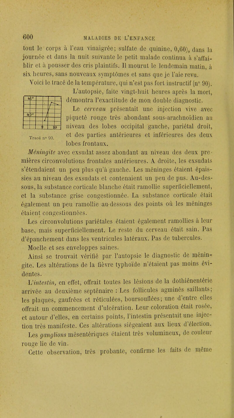 t -> t i .. 1 1 0 600 MALADIES DE L'ENFANCE tout le corps à Tcau vinaigrée; sulfate de quinine, 0,60), dans la journée et dans la nuit suivante le petit malade continua à s'afTai- blir et à pousser des cris plaintifs. Il mourut le lendemain matin, à six heures, sans nouveaux symptômes et sans que je Taie revu. Voici le tracé de la température, qui n'est pas fort instructif (n° 90), L'autopsie, faite vingt-huit heures après la mort, démontra l'exactitude de mon double diagnostic. Le cerveau présentait une injection vive avec piqueté rouge très abondant sous-aracimoïdien au niveau des lobes occipital gauche, pariétal droit, Tracé n- 90 parties antérieures et inférieures des deux lobes frontaux. Méningite avec exsudât assez abondant au niveau des deux pre- mières circonvolutions frontales antérieures. A droite, les exsudats s'étendaient un peu plus qu'à gauche. Les méninges étaient épais- sies au niveau des exsudats et contenaient un peu de pus. Au-des- sous, la substance corticale blanche était ramollie superficiellement, et la substance grise congestionnée. La substance corticale était également un peu ramollie au-dessous des points où les méninges étaient congestionnées. Les circonvolutions pariétales étaient également ramolbes à leur base, mais superficiellement. Le reste du cerveau était sain. Pas d'épanchement dans les ventricules latéraux. Pas de tubercules. Moelle et ses enveloppes saines. Ainsi se trouvait vérifié par l'autopsie le diagnostic de ménin- gite. Les altérations de la fièvre typhoïde n'étaient pas moins évi- dentes. L'intestin, en effet, offrait toutes les lésions de la dothiénentérie arrivée au deuxième septénaire : Les follicules agminés saillants ; les plaques, gaufrées et réticulées, boursouflées; une d'entre elles offrait un commencement d'ulcération. Leur coloration était rosée, et autour d'elles, en certains points, l'intestin présentait une injec- tion très manifeste. Ces altérations siégeaient aux lieux d'élection. Les ganglions mésenlériques étaient très volumineux, de couleur rouge lie de vin. Cette observation, très probante, confirme les faits de même