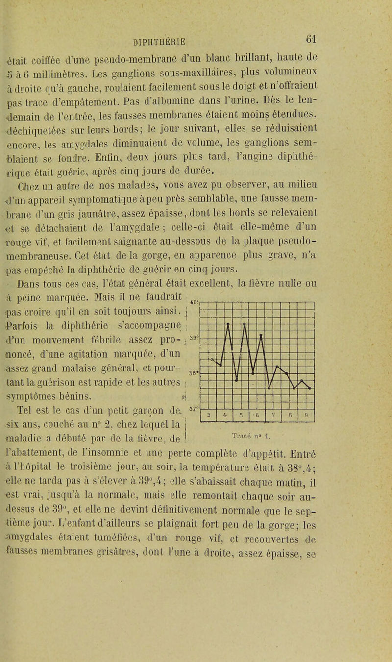 était coilïée d'une pseudo-membranê d'un blanc brillant, haute de 5 à 6 millimètres. Les ganglions sous-maxillaires, plus volumineux à droite qu'à gauche, roulaient facilement sous le doigt et n'offraient pas trace d'empâtement. Pas d'albumine dans l'urine. Dès le len- demain de l'entrée, les fausses membranes étaient moins étendues, léchiquetées sur leurs bords ; le jour suivant, elles se réduisaient encore, les amygdales diminuaient de volume, les ganglions sem- blaient se fondre. Enfin, deux jours plus tard, l'angine diphté- rique était guérie, après cinq jours de durée. Chez un autre de nos malades, vous avez pu observer, au milieu •d'un appareil symptomatique à peu près semblable, une fausse mem- brane d'un gris jaunâtre, assez épaisse, dont les bords se relevaient et se détachaient de l'amygdale ; celle-ci était elle-même d'un rouge vif, et facilement saignante au-dessous de la plaque pseudo- membraneuse. Cet état de la gorge, en apparence plus grave, n'a pas empêché la diphthérie de guérir en cinq jours. Dans tous ces cas, l'état général était excellent, la fièvre nulle ou à peine marquée. Mais il ne faudrait ^ pas croire qu'il en soit toujours ainsi, j jj 1 | | T 1 1 H I I 1 1 Parfois la diphthérie s'accompagne d'un mouvement fébrile assez pro- >3 noncé, d'une agitation marquée, d'un assez grand malaise général, et pour- 3 tant la guérison est rapide et les autres ; symptômes bénins. «j Tel est le cas d'un petit garçon de 3 six ans, couché au n° 2, chez lequel la j maladie a débuté par de la lièvre, de ! l'abattement, de l'insomnie et une perte complète d'appétit. Entré à l'hôpital le troisième jour, au soir, la température était à 38°,4; elle ne tarda pas à s'élever à 39°,4; elle s'abaissait chaque matin, il est vrai, jusqu'à la normale, mais elle remontait chaque soir au- dessus de 39°, et elle ne devint définitivement normale que le sep- tième jour. L'enfant d'ailleurs se plaignait fort peu de la gorge; les amygdales étaient tuméfiées, d'un rouge vif, et recouvertes de fausses membranes grisâtres, dont l'une à droite, assez épaisse, se