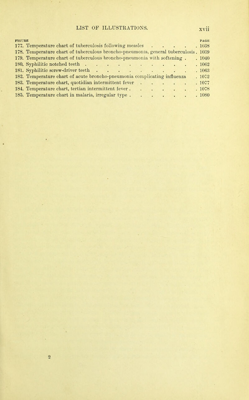 FIGURE PAGE 177. Temperature chart of tuberculosis following measles 1038 178. Temperature chart of tuberculous broncho-pneumonia, general tuberculosis . 1039 179. Temperature chart of tuberculous broncho-pneumonia with softening . . 1040 180. Syphilitic notched teeth 10C2 181. Syphilitic screw-driver teeth 1063 182. Temperature chart of acute broncho-pneumonia complicating influenza . 1072 ISB. Temperature chart, quotidian intermittent fever 1077 184. Temperature chart, tertian intermittent fever 1078 185. Temperature chart in malaria, irregular type 1080 2