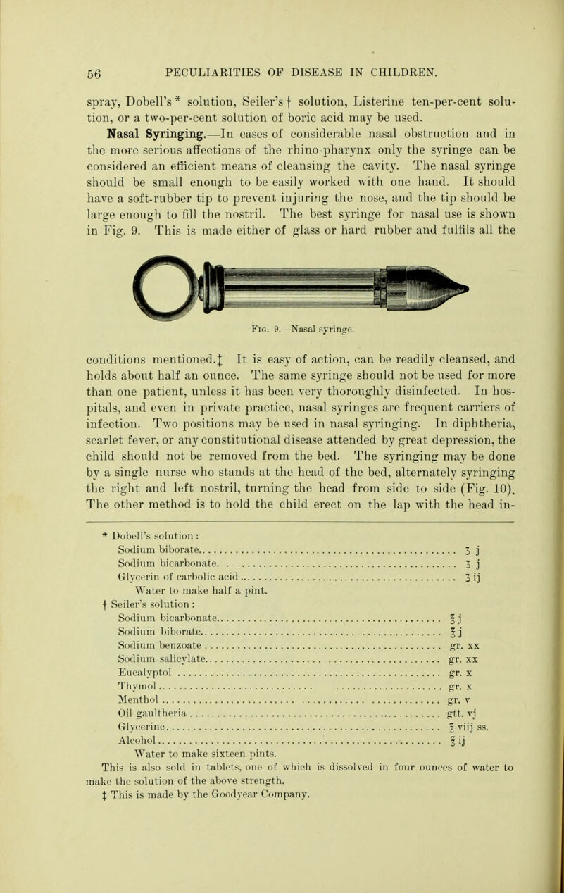 spray, Dobell's* solution, Seller's f solution, Listerine ten-per-cent solu- tion, or a two-per-cent solution of boric acid may be used. Nasal Syringing.—In cases of considerable nasal obstruction and in the more serious affections of the rhino-pharynx only the syringe can be considered an efficient means of cleansing the cavity. The nasal syringe should be small enough to be easily worked with one hand. It should have a soft-rubber tip to prevent injuring the nose, and the tip should be large enough to fill the nostril. The best syringe for nasal use is shown in Fig. 9. This is made either of glass or hard rubber and fulfils all the Fig. 9.—Nasal syringe. conditions mentioned.]; It is easy of action, can be readily cleansed, and holds about half an ounce. The same syringe should not be used for more than one patient, unless it has been very thoroughly disinfected. In hos- pitals, and even in private practice, nasal syringes are frequent carriers of infection. Two positions may be used in nasal syringing. In diphtheria, scarlet fever, or any constitutional disease attended by great depression, the child should not be removed from the bed. The syringing may be done by a single nurse who stands at the head of the bed, alternately syringing the right and left nostril, turning the head from side to side (Fig. 10). The other method is to hold the child erect on the lap with the head iu- * Dobell's solution: Sodium biborate 3 j Sodium bicarbonate 3 j Glycerin of carbolic acid 3 ij Water to make half a pint. f Seller's solution: Sodium bicarbonate § j Sodium biborate | j Sodium benzoate gr. xx Sodium salicylate gr. xx Eucalyptol gr. x Thymol gr- x Menthol gr. v Oil gaultheria gtt. vj Glycerine ^ viij ss. Alcohol I ij Water to make sixteen pints. This is also sold in tablets, one of which is dissolved in four ounces of water to make the solution of the above strength. X This is made by the Goodyear Company.