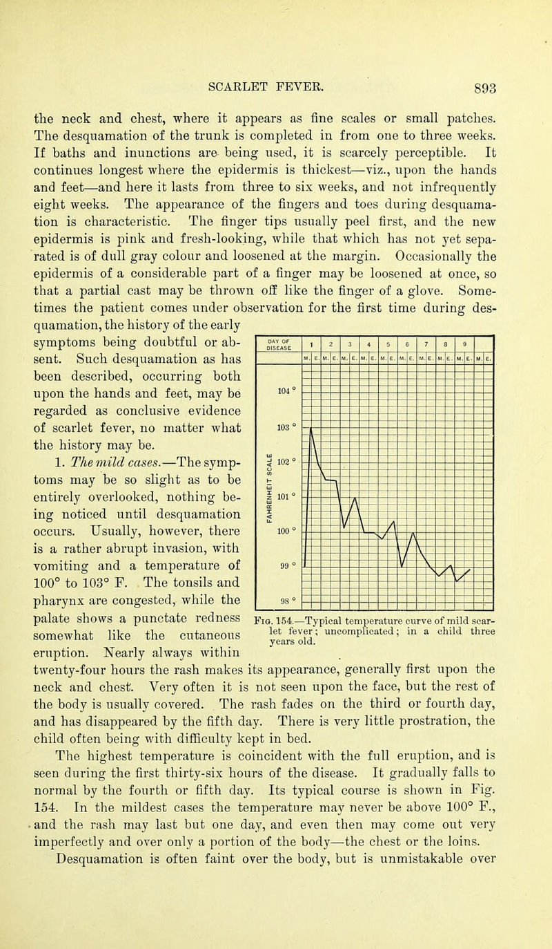 the neck and chest, where it appears as fine scales or small patches. The desquamation of the trunk is completed in from one to three weeks. If baths and inunctions are being used, it is scarcely perceptible. It continues longest where the epidermis is thickest—viz., upon the hands and feet—and here it lasts from three to six weeks, and not infrequently eight weeks. The appearance of the fingers and toes during desquama- tion is characteristic. The finger tips usually peel first, and the new epidermis is pink and fresh-looking, while that which has not yet sepa- rated is of dull gi'ay colour and loosened at the margin. Occasionally the epidermis of a considerable part of a finger may be loosened at once, so that a partial cast may be thrown off like the finger of a glove. Some- times the patient comes under observation for the first time during des- quamation, the history of the early symptoms being doubtful or ab- sent. Such desquamation as has been described, occurring both upon the hands and feet, may be regarded as conclusive evidence of scarlet fever, no matter what the history may be. 1. The mild cases.—The symp- toms may be so slight as to be entirely overlooked, nothing be- ing noticed until desquamation occurs. Usually, however, there is a rather abrupt invasion, with vomiting and a temperature of 100° to 103° F. The tonsils and pharynx are congested, while the palate shows a punctate redness FiG.i54.—TypicaUemperature curve of mild scar- somewhat like the cutaneous f^^f,^; uncomplicated; in a child three eruption. Nearly always witliin twenty-four hours the rash makes its appearance, generally first upon the neck and chest. Very often it is not seen upon the face, but the rest of the body is usually covered. The rash fades on the third or fourth day, and has disappeared by the fifth day. There is very little prostration, the child often being with difficulty kept in bed. The highest temperature is coincident with the full eruption, and is seen during the first thirty-six hours of the disease. It gradually falls to normal by the fourth or fifth day. Its typical course is shown in Fig. 154. In the mildest cases the temperature may never be above 100° F., • and the rash may last but one day, and even then may come out very imperfectly and over only a portion of the body—the chest or the loins. Desquamation is often faint over the body, but is unmistakable over DAY OF DISEASE 1 2 3 4 5 6 7 8 9 104° 103° - ^102° - 1- i 101° - AHI li. 100° - t - y 99 ° . k / 98 °