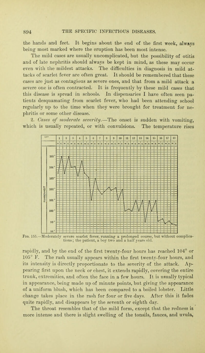 the hands and feet. It begins about the end of the first week, always being most marked where the eruption has been most intense. The mild cases are usually uncomplicated, but the possibility of otitis and of late nephritis should always be kept in mind, as these may occur even with the mildest attacks. The difficulties in diagnosis in mild at- tacks of scarlet fever are often great. It should be remembered tliat these cases are just as contagious as severe ones, and that from a mild attack a severe one is often contracted. It is frequently by these mild cases that this disease is spread in schools. In dispensaries I have often seen pa- tients desquamating from scarlet fever, who had been attending school regularly up to the time when they were brought for treatment for ne- phritis or some other disease. 2. Cases of 7iioderate severity.—The onset is sudden with vomiting, which is usually repeated, or with convulsions. The temperature rises 101° 1 z i 8 a 10 11 12 13 u 15 IG 17 IS £ E E M E E M E M E E M E E E £ M E M E M E M E E 1 r — V n r r u r Fio. 155.—Moderately severe scarlet fever, running a prolonsed course, hut without complica- tions; the patient, a boy two and a half years old. rapidly, and by the end of the first twenty-four hours has reached 104° or 105° F. The rash usually appears within the first twenty-four hours, and its intensity is directly proportionate to the severity of the attack. Ap- pearing first upon the neck or chest, it extends rapidly, covering the entire truuk, extremities, and often the face in a few hours. It is usually typical in appearance, being made up of minute points, but giving the appearance of a uniform blush, which has been compared to a boiled lobster. Little change takes place in the rash for four or five days. After this it fades quite rapidly, and disappears by the seventh or eighth day. The throat resembles that of the mild form, except that the redness is more intense and there is slight swelling of the tonsils, fauces, and uvula,