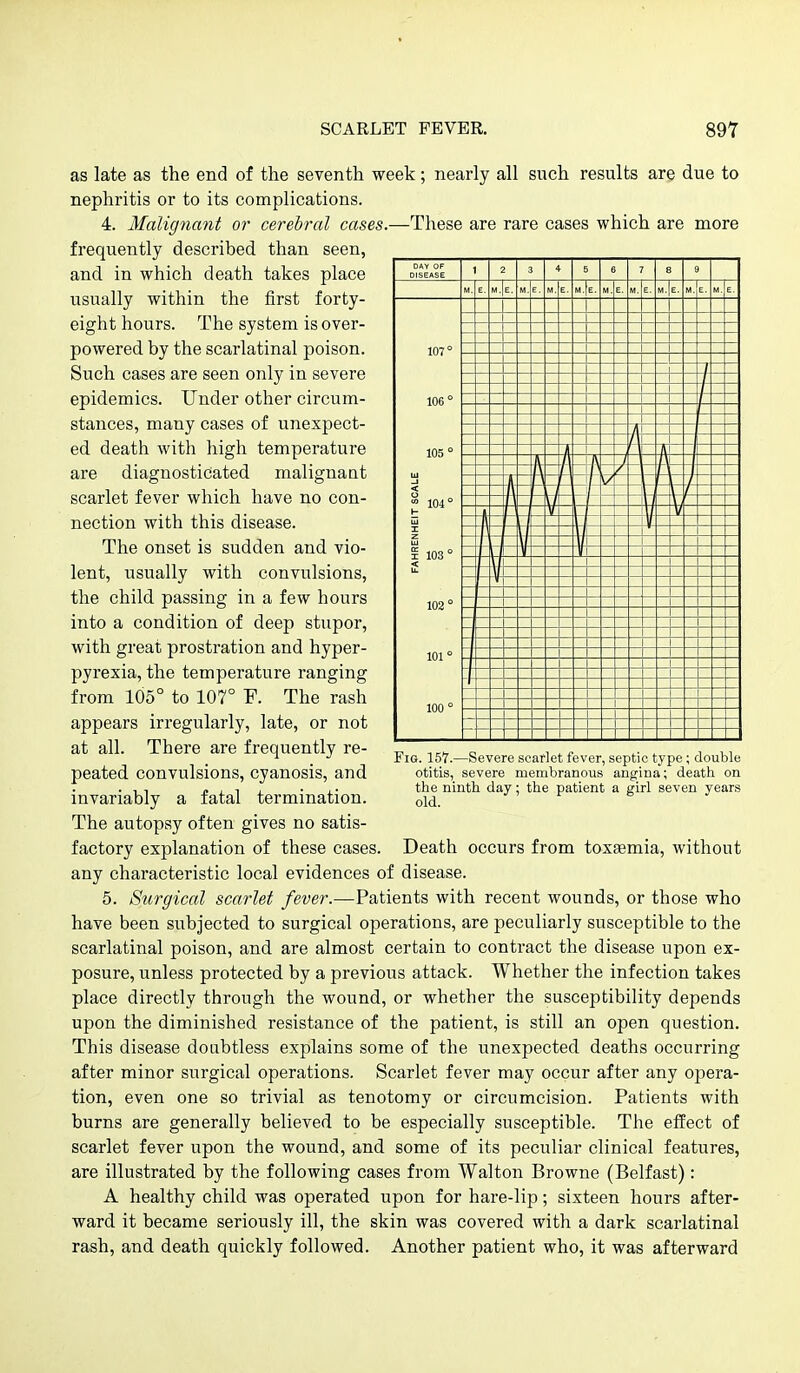 as late as the end of the seventh week; nearly all such results are due to nephritis or to its complications. 4. Malig7iant or cerebral cases.—These are rare cases which are more frequently described than seen, and in which death takes place usually within the first forty- eight hours. The system is over- powered by the scarlatinal poison. Such cases are seen only in severe epidemics. Under other circum- stances, many cases of unexpect- ed death with high temperature are diagnosticated malignaot scarlet fever which have no con- nection with this disease. The onset is sudden and vio- lent, usually with convulsions, the child passing in a few hours into a condition of deep stupor, with great prostration and hyper- pyrexia, the temperature ranging from 105° to 107° E. The rash appears irregularly, late, or not at all. There are frequently re- peated convulsions, cyanosis, and invariably a fatal termination. The autopsy often gives no satis- factory explanation of these cases. Death occurs from toxaemia, without any characteristic local evidences of disease. 5. Surgical scarlet fever.—Patients with recent wounds, or those who have been subjected to surgical operations, are peculiarly susceptible to the scarlatinal poison, and are almost certain to contract the disease upon ex- posure, unless protected by a previous attack. Whether the infection takes place directly through the wound, or whether the susceptibility depends upon the diminished resistance of the patient, is still an open question. This disease doubtless explains some of the unexpected deaths occurring after minor surgical operations. Scarlet fever may occur after any opera- tion, even one so trivial as tenotomy or circumcision. Patients with burns are generally believed to be especially susceptible. The effect of scarlet fever upon the wound, and some of its peculiar clinical features, are illustrated by the following cases from Walton Browne (Belfast): A healthy child was operated upon for hare-lip; sixteen hours after- ward it became seriously ill, the skin was covered with a dark scarlatinal rash, and death quickly followed. Another patient who, it was afterward DAY OF DISEASE 1 2 3 4 5 6 7 8 9 FAHRENHEIT SCALE 4 h j- 4 - - A - A -1 A — -f f / f j r i Fig. 157.—Severe scarlet fever, septic type; double otitis, severe membranous angina; death on the ninth day; the patient a girl seven years old.