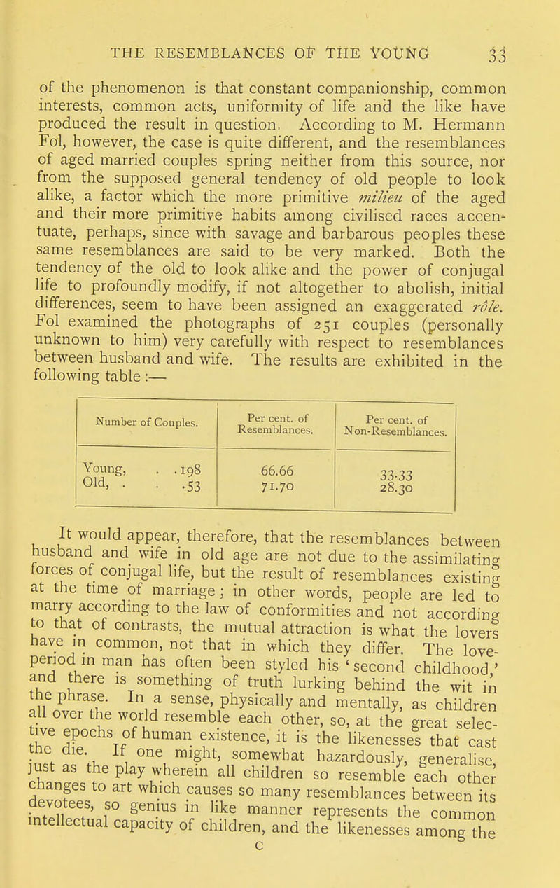 of the phenomenon is that constant companionship, common interests, common acts, uniformity of hfe and the Hke have produced the result in question, According to M. Hermann Fol, however, the case is quite different, and the resemblances of aged married couples spring neither from this source, nor from the supposed general tendency of old people to look alike, a factor which the more primitive milieu of the aged and their more primitive habits among civilised races accen- tuate, perhaps, since with savage and barbarous peoples these same resemblances are said to be very marked. Both the tendency of the old to look alike and the power of conjugal life to profoundly modify, if not altogether to abolish, initial differences, seem to have been assigned an exaggerated role. Fol examined the photographs of 251 couples (personally unknown to him) very carefully with respect to resemblances between husband and wife. The results are exhibited in the following table:— Number of Couples. Per cent, of Resemblances. Per cent, of Non-Resemblances. Young, . .198 Old, . . .53 66.66 71.70 33-33 28.30 It would appear, therefore, that the resemblances between husband and wife in old age are not due to the assimilating forces of conjugal life, but the result of resemblances existing at the time of marriage; in other words, people are led to marry accordmg to the law of conformities and not according to that of contrasts, the mutual attraction is what the loveri have in common, not that in which they differ The love period in man has often been styled his ' second childhood ' and there is something of truth lurking behind the wit in In M^* \ f Physically and mentally, as children all over the world resemble each other, so, at the great selec- tive epochs of human existence, it is the hkenesses that cast tne die. If one might, somewhat hazardously, generalise just as the play wherein all children so resemble elch othe; cnanges to art which causes so many resemblances between its devotees, so gemus in like manner represents the common intellectual capacity of children, and the likenesses among the c