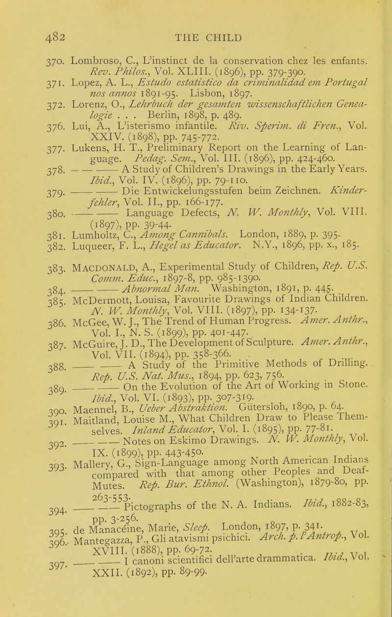 370. Lombroso, C, L'instinct de la conservation chez les enfants. Rev. Philos., Vol. XLIII. (1896), pp. 379-390. 371. Lopez, A. L., Estudo estatistico da criviinalidad em Portugal nos annos 1891-95. Lisbon, 1897. 372. Lorenz, O., Lehrbuch der gesamteji wissenschaftlicheji Genea- logie . . . Berlin, 1898, p. 489. 376. Lui, A., L'isterismo infantile. Riv. Speriin. di Fren., Vol. XXIV. (1898), pp. 745-772. 377. Lukens, H. T., Preliminary Report on the Learning of Lan- guage. Pedag. Sem.^ Vol. IIL (1896), pp. 424-460. 378. A Study of Children's Drawings in the Early Years. Vol. IV. (1896), pp. 79-110. 379. Die Entwickelungsstufen beim Zeichnen. Kinder- fehler^ Vol. II., pp. 166-177. 380. Language Defects, N. W. Monthly, Vol. VIII. (1897), pp. 39-44- 381. Lumholtz, C., Amo7ig Cannibals. London, 1889, p. 395. 382. Luqueer, F. L., Hegel as Educator. N.Y., 1896, pp. x., 185. 383. Macdonald, a.. Experimental Study of Children, Rep. U.S. Comm. Educ, 1897-8, pp. 985-1390- 284^ Abnormal Man. Washington, 1891, p. 445. 385 McDermott, Louisa, Favourite Drawings of Indian Children. A^. W. Monthly, Vol. VIII. (1897), pp. i34-i37- 386. McGee, W. J., The Trend of Human Progress. Amer. Anthr., Vol. I., N. S. (1899), pp. 401-447. ^ , 387 McGuire, J. D., The Development of Sculpture. Amer. Anthr., Vol. VII. (1894), pp. 358-366. _ , _ 388. A Study of the Prnnitive Methods of Drilhng. Rep. U.S. Nat. Mus., 1894, pp. 623, 756. ^8q On the Evolution of the Art of Workmg m Stone. J bid., Vol. VI. (1893), pp. 307-319. qqo y[2i&nne\B., Ueber Abstraktion. Gutersloh, 1890, p. 64. ^Qi Maitland, Louise M., What Children Draw to Please Them- selves. Inland Educator, Vol. I. (1895), pp. 77-8i. 302 Notes on Eskimo Drawings. A^. W. Monthly, Vol. IX. (1899), pp. 443-450. , , - T ^• xq% Mallery, G., Sign-Language among North American Indians compared with that among other Peoples and Deaf- Mutes. Rep. Bur. Ethnol. (Washington), 1879-80, pp. ^5'i-^Pictographs of the N. A. Indians. Ibid., 1882-83, 394' .A pp. 3-250- 305. de Manaceine, Marie, 6-/^^/. Loji'^.o^'i^/'f'/?!''/ ^ Vnl ,06 - Mantegazza, P., Gh atavismi ps.chici. Arch. p. VAntrop., Vol. XVIII. (1888), pp. 69-72. . I canoni scientifici dell'arte drammatica. Ibid., Vol. 397- — XXII. (1892), pp. 89-99.