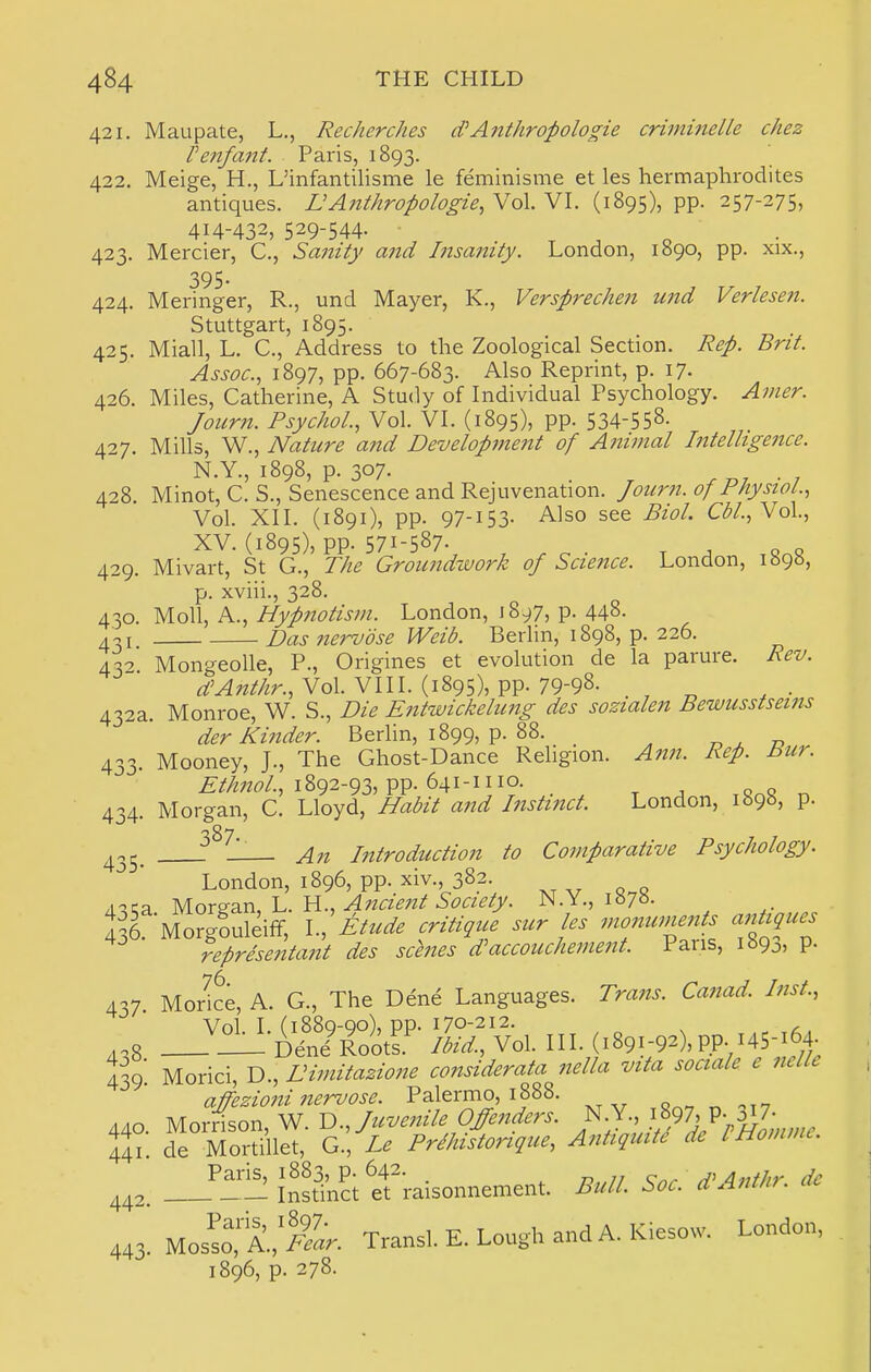 421. Maupate, L., Recherches d?Anthropologie crimineUe chez Vejifant. Paris, 1893. 422. Meige, H., L'infantilisme le feminisme et les hermaphrodites antiques. LAnthropologie, Vol. VI. (1895), pp. 257-275, 414-432, 529-544. 423. Mercier, C, Sanity and Insanity. London, 1890, pp. xix., 395- 424. Meringer, R., und Mayer, K., Versprechen und Verlesen. Stuttgart, 1895. 425. Miall, L. C, Address to the Zoological Section. Rep. Brit. Assoc., 1897, pp. 667-683. Also Reprint, p. 17. 426. Miles, Catherine, A Study of Individual Psychology. Amer. Journ. Psychol, Vol. VI. (1895), pp. 534-558- 427. Mills, W., Nature and Developjnent of A?iimal Intelligence. N.Y., 1898, p. 307. 428. Minot, C. S., Senescence and Rejuvenation. Jourti. of Physiol., Vol. XII. (1891), pp. 97-153- Also see Biol. Cbl.,Yo\., XV. (1895), pp. 571-587- , „ o 429. Mivart, St G., The Groundzvork of Science. London, 189b, p. xviii., 328. ^10. yioW, P^., Hypnotism. London, 1897, p. 448. 431 Das nervose Weib. Berlin, 1898, p. 226. 43-7 Mongeolle, P., Origines et evolution de la parure. Rev. Vol. VIII. (1895), pp. 79-98. ^ ^ 432a. Monroe, W. S., Die Entwickelung des sozialen Bewusstsems der Kinder. Berlin, 1899, p. 88. „^ d 433. Mooney, J., The Ghost-Dance Rehgion. Ami. Rep. bur. 1892-93, pp. 641-1110. Q^Q „ 434. Morgan, C. Lloyd, Habit and Instmct. London, 189b, p. 435. 387^ to Comparative Psychology. London, 1896, pp. xiv., 382. Morg-an 'L. Y^., Ancient Society. JN.Y., 107°- 1^6 MorgouleifF, \., Etude critique sur les monuments antiques representa7it des scenes d'accouchement. Pans, 1693, p. 76 437. Morice, A. G., The Dene Languages. Trans. Canad Inst., Vol I (188Q-Q0), pp. 170-212. ^ . 438 __£)enlRoots.^ Vol. HI. (1891-92),PP- i45-164^ I39; Morici, D., nimitazi07U co?isiderata nella vita soctale e nelle affezioni nervose. Palermo, 1888. o^^ „ .,7 440. yVoxi^or.,^.Yy., Juvenile Offenders. /•^•;,^897, P-o^T^^ 441 de Mortillet, G., Le Prehistonque, Antiquiti de IHomme. 44,. Jns^inStr-raisonnement. Bull Soc. d'Anthr. de Uolr^.%r. Transl.E.LoughandA.Kiesow. London, 1896, p. 278.