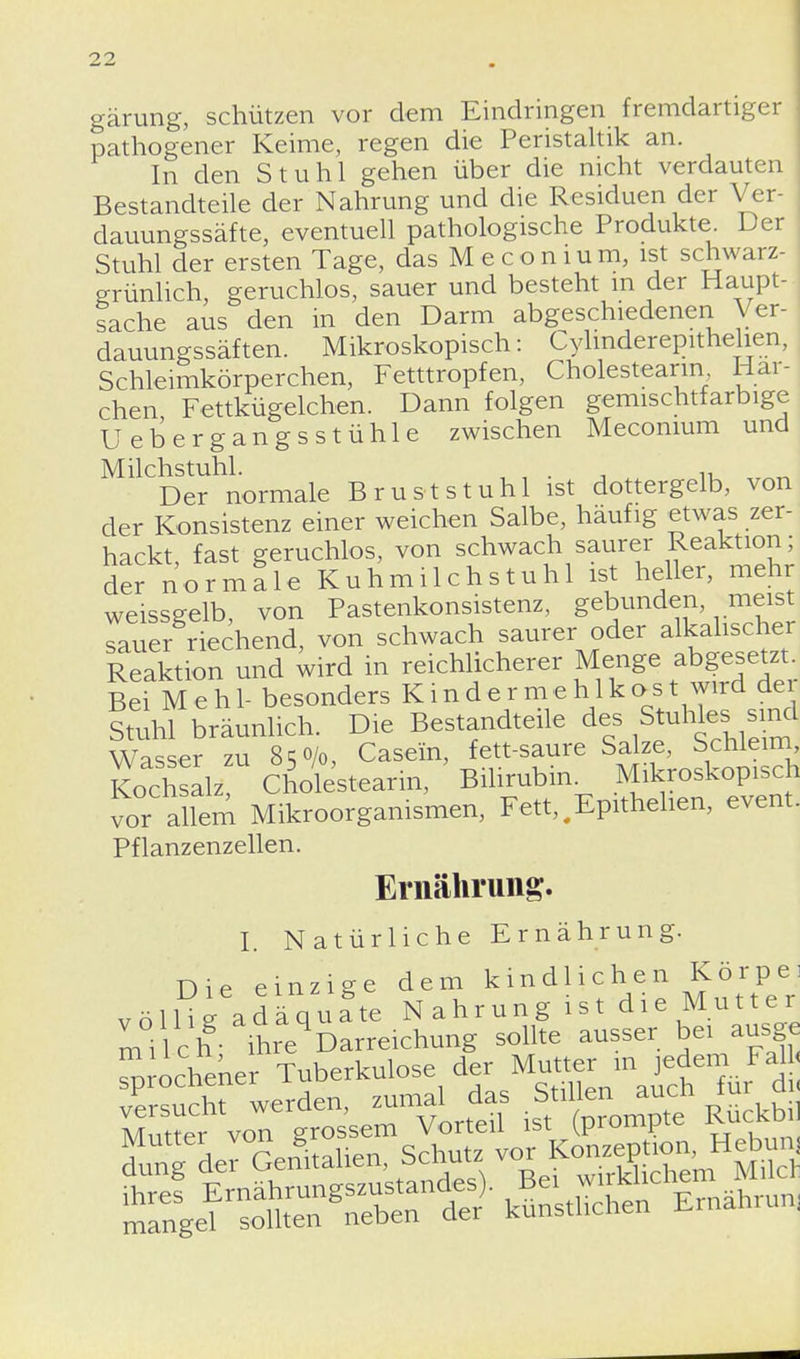gärung, schützen vor dem Eindringen fremdartiger pathogener Keime, regen die Peristaltik an. In den Stuhl gehen über die nicht verdauten Bestandteile der Nahrung und die Residuen der Ver- dauungssäfte, eventuell pathologische Produkte Der Stuhl der ersten Tage, das Meconium, ist schwarz- grünlich, geruchlos, sauer und besteht m der Haupt- sache aus den in den Darm abgeschiedenen Ver- dauungssäften. Mikroskopisch: Cylmderepithelien, Schleimkörperchen, Fetttropfen, Cholestearm Här- chen Fettkügelchen. Dann folgen gemischtfarbige Uebergangsstühle zwischen Meconium und Milchstuhl. , , . , Der normale Brust stuhl ist dottergelb, von der Konsistenz einer weichen Salbe, häufig etwas zer- hackt, fast geruchlos, von schwach saurer Reaktion; der normale Kuhmilchstuhl ist heller, mehr weissgeib, von Pastenkonsistenz, gebunden meist sauer riechend, von schwach saurer oder alkalischer Reaktion und wird in reichlicherer Menge abgesetzt. Bei M e h 1- besonders K i n d e r m e h 1 k o s t wird der Stuhl bräunlich. Die Bestandteile des^Stuhle*; sind Wasser zu 8qo/0, Casein, fett-saure Salze, Schleim Kochsalz Cholestearin, Bilirubin. .Mikroskopisch vor allem Mikroorganismen, Fett, Epithehen, event. Pflanzenzellen. Ernährung. I. Natürliche Ernährung. Die einzige dem kindlichen Körpe: völliR adäqufte Nahrung ist die Mutter rilch- ihieqDarreichung sollte ausser bei ausge Srocheker Tuberkulose der Mutter m jedem Fal versuch werden, zumal das Stillen auch für d Mutter von grossem Vorteil ist (prompte Ruckb