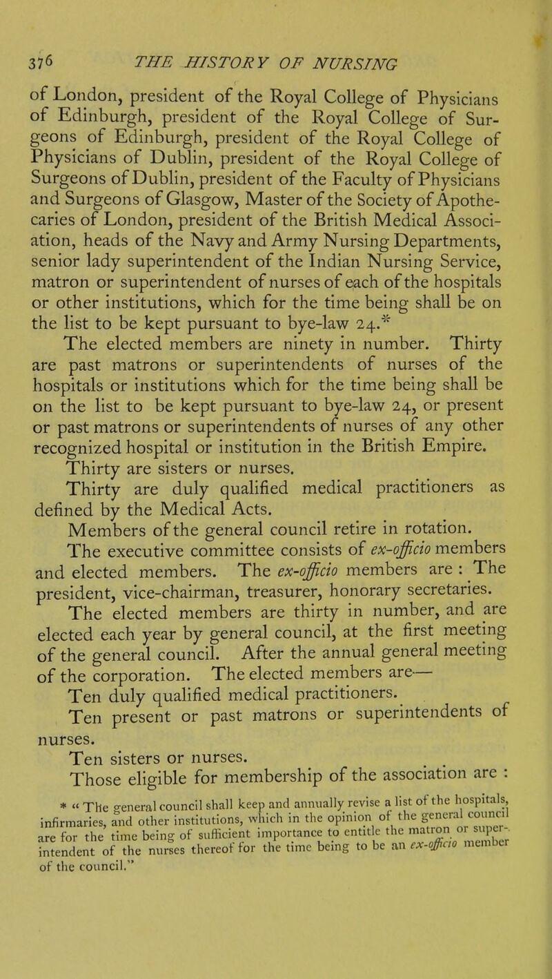 of London, president of the Royal College of Physicians of Edinburgh, president of the Royal College of Sur- geons of Edinburgh, president of the Royal College of Physicians of Dublin, president of the Royal College of Surgeons of Dublin, president of the Faculty of Physicians and Surgeons of Glasgow, Master of the Society of Apothe- caries of London, president of the British Medical Associ- ation, heads of the Navy and Army Nursing Departments, senior lady superintendent of the Indian Nursing Service, matron or superintendent of nurses of pach of the hospitals or other institutions, which for the time being shall be on the list to be kept pursuant to bye-law 24/'' The elected members are ninety in number. Thirty are past matrons or superintendents of nurses of the hospitals or institutions which for the time being shall be on the list to be kept pursuant to bye-law 24, or present or past matrons or superintendents of nurses of any other recognized hospital or institution in the British Empire. Thirty are sisters or nurses. Thirty are duly qualified medical practitioners as defined by the Medical Acts. Members of the general council retire in rotation. The executive committee consists of ex-officio members and elected members. The ex-officio members are : The president, vice-chairman, treasurer, honorary secretaries. The elected members are thirty in number, and are elected each year by general council, at the first meeting of the general council. After the annual general meeting of the corporation. The elected members are— Ten duly qualified medical practitioners. Ten present or past matrons or superintendents of nurses. Ten sisters or nurses. Those eligible for membership of the association are : * « The general council shall keep and annually revise a list of the hospitals infirmaries, and other institutions, which in the opinion of the g;^;^';-^' are for the time being of sufficient importance to entitle the ^^^'^-^'^l^^'-. intendent of the nurses thereof for the time bemg to be an ex-offiao member of the council.