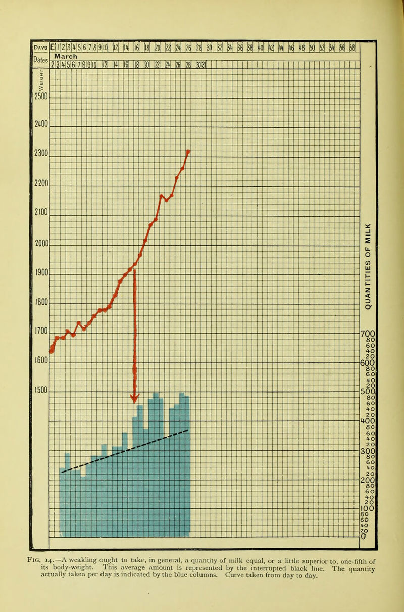 Days E!l|2|, |3K|5|6;7|6i9M ll^l N M Il8| N N N N N M .z| M N N N M N Dates March 2M6 2500 201 21 m m k Z4UU Fig. 14.—a weakling ought to take, in general, a quantity of milk equal, or a little superior to, one-fifth of its body-weight. This average amount is represented by the interrupted black line. The quantity actually taken per day is indicated by the blue columns. Curve taken from day to day.