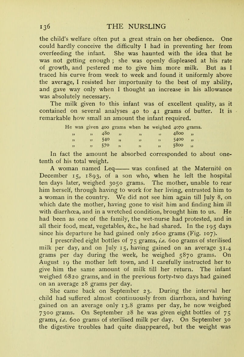 the child's welfare often put a great strain on her obedience. One could hardly conceive the difficulty I had in preventing her from overfeeding the infant. She was haunted with the idea that he was not getting enough ; she was openly displeased at his rate of growth, and pestered me to give him more milk. But as I traced his curve from week to week and found it uniformly above the average, I resisted her importunity to the best of my ability, and gave way only when I thought an increase in his allowance was absolutely necessary. The milk given to this infant was of excellent quality, as it contained on several analyses 40 to 41 grams of butter. It is remarkable how small an amount the infant required. He was given 400 grams when he weighed 4070 grams. „ „ 480 „ „ „ 4800 „ »  540 „ „ „ 5400 „ » » 570 » 5^00 „ In fact the amount he absorbed corresponded to about one- tenth of his total weight. A woman named Leq was confined at the Maternite on December 15, 1893, of a son who, when he left the hospital ten days later, weighed 3050 grams. The mother, unable to rear him herself, through having to work for her living, entrusted him to a woman in the country. We did not see him again till July 8, on which date the mother, having gone to visit him and finding him ill with diarrhoea, and in a wretched condition, brought him to us. He had been as one of the family, the wet-nurse had protested, and in all their food, meat, vegetables, &c., he had shared. In the 195 days since his departure he had gained only 2600 grams (Fig. 107). I prescribed eight bottles of 75 grams, i.e. 600 grams of sterilised milk per day, and on July 15, having gained on an average 31.4 grams per day during the week, he weighed 5870 grams. On August 19 the mother left town, and I carefully instructed her to give him the same amount of milk till her return. The infant weighed 6820 grams, and in the previous forty-two days had gained on an average 28 grams per day. She came back on September 23. During the interval her child had suffered almost continuously from diarrhoea, and having gained on an average only 13.8 grams per day, he now weighed 7300 grams. On September 28 he was given eight bottles of 75 grams, i.e. 600 grams of sterilised milk per day. On September 30 the digestive troubles had quite disappeared, but the weight was