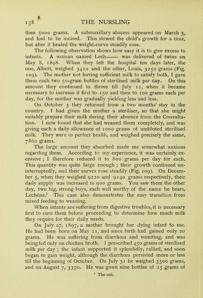 then 5000 grams. A submaxillary abscess appeared on March 5, and had to be incised. This slowed the child's growth for a time, but after it healed the weight-curve steadily rose. The following observation shows how easy it is to give excess to infants. A woman named Lech was delivered of twins on May 8, 1898. When they left the hospital ten days later, the one, Albert, weighed 3410 and the other, Louis, 3250 grams (Fig. 109). The mother not having sufficient.milk to satisfy both, I gave them each two 50-gram bottles of sterilised milk per day. On this amount they continued to thrive till July 11, when it became necessary to increase it first to 150 and then to 200 grams each per day, for the mother was gradually yielding less and less. On October 3 they returned from a two months' stay in the country. I had given the mother a steriliser, so that she might suitably prepare their milk during their absence from the Consulta- tion. I now found that she had weaned them completely, and was giving each a daily allowance of 1000 grams of undiluted sterilised milk. They were in perfect health, and weighed precisely the same, 7860 grams. The large amount they absorbed made me somewhat anxious regarding them. According to my experience, it was certainly ex- cessive ; I therefore reduced it to 800 grams per day for each. This quantity was quite large enough ; their growth continued un- interruptedly, and their curves rose steadily (Fig. 109). On Decem- ber 5, when they weighed 9220 and 9140 grams respectively, their daily supply was increased to 900 grams. You saw them the other day, two big, strong boys, each well worthy of the name he bears, Lechene.-^ This case also demonstrates the easy transition from mixed feeding to weaning. When infants are suffering from digestive troubles, it is necessary first to cure them before proceeding to determine how much milk they require for their daily needs. On July 27, 1897, a mother brought her dying infant to me. He had been born on May 11, and since birth had gained only 20 grams. He was suffering from diarrhoea and vomiting, and was being fed only on chicken broth. I prescribed 450 grams of sterilised milk per day ; the infant supported it splendidly, rallied, and soon began to gain weight, although the diarrhoea persisted more or less till the beginning of October. On July 31 he weighed 3300 grams, and on August 7, 3350. He was given nine bottles of 25 grams of ' The oak.