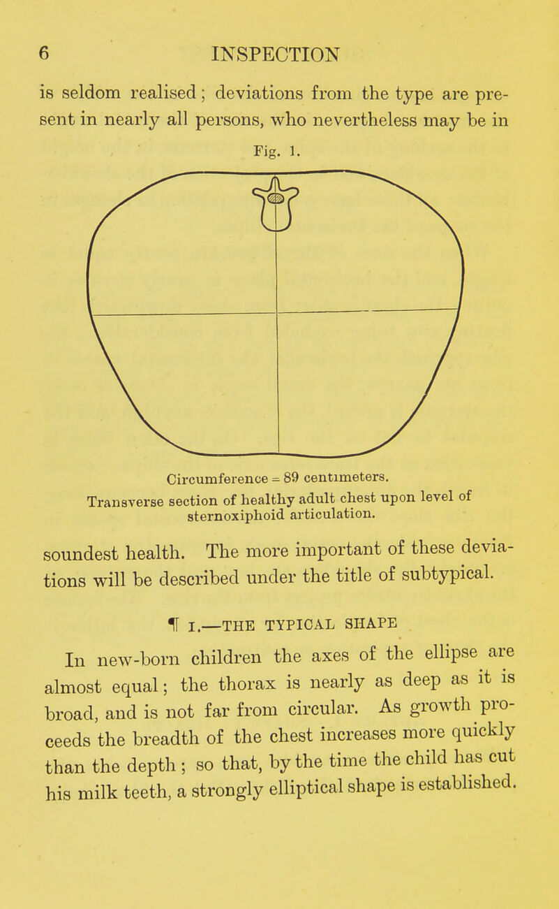 is seldom realised; deviations from the type are pre- sent in nearly all persons, who nevertheless may be in Fig. 1. ^^^^^^^^^ *^ Circumference = 89 centimeters. Transverse section of healthy adult chest upon level of sternoxiphoid articulation. soundest health. The more important of these devia- tions will be described under the title of subtypical. % I.—THE TYPICAL SHAPE In new-born children the axes of the ellipse^ are almost equal; the thorax is nearly as deep as it is broad, and is not far from circular. As growth pro- ceeds the breadth of the chest increases more quickly than the depth ; so that, by the time the child has cut his milk teeth, a strongly elliptical shape is established.
