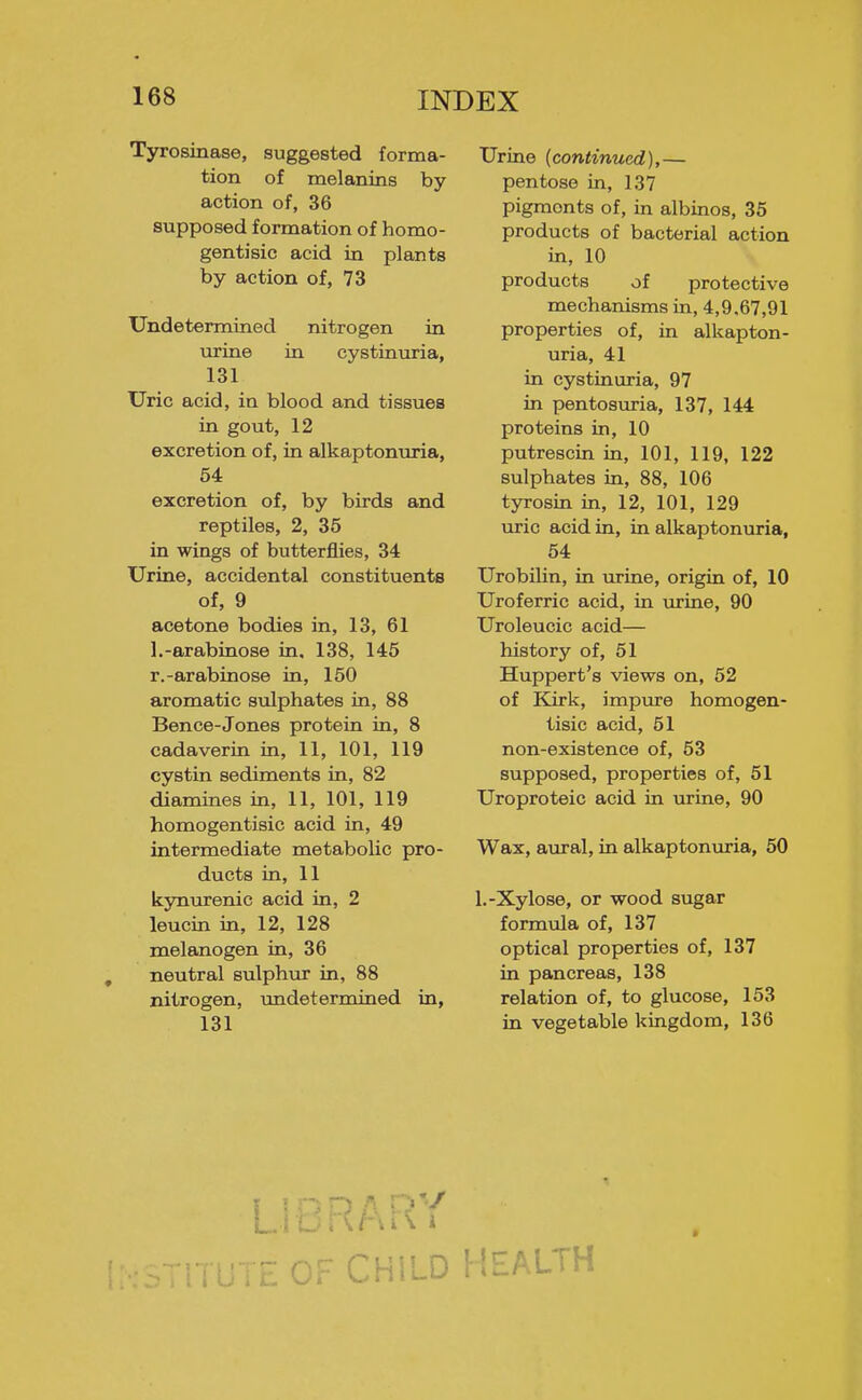 Tyrosinase, suggested forma- tion of melanins by action of, 36 supposed formation of homo- gentisic acid in plants by action of, 73 Undetermined nitrogen in urine in cystinuria, 131 Uric acid, in blood and tissues in gout, 12 excretion of, in alkaptonuria, 54 excretion of, by birds and reptiles, 2, 36 in wings of butterflies, 34 Urine, accidental constituents of, 9 acetone bodies in, 13, 61 l.-arabiaose in, 138, 145 r.-arabinose in, 150 aromatic sulphates in, 88 Bence-Jones protein in, 8 cadaveriti in, 11, 101, 119 cystin sediments in, 82 diamines in, 11, 101, 119 homogentisic acid in, 49 intermediate metabolic pro- ducts in, 11 kjmurenic acid in, 2 leucin in, 12, 128 melanogen in, 36 neutral sulphur in, 88 nitrogen, undetermined in, 131 Urine (continued),— pentose in, 137 pigments of, in albinos, 35 products of bacterial action in, 10 products of protective mechanisms in, 4,9,67,91 properties of, in alkapton- uria, 41 in cystinuria, 97 in pentosiu-ia, 137, 144 proteins in, 10 putrescin in, 101, 119, 122 sulphates in, 88, 106 tyrosin in, 12, 101, 129 uric acid in, in alkaptonuria, 54 Urobilin, in urine, origin of, 10 Uroferric acid, in xirine, 90 Uroleucic acid— history of, 51 Huppert's views on, 52 of Kirk, impure homogen- tisic acid, 51 non-existence of, 53 supposed, properties of, 51 Uroproteic acid in urine, 90 Wax, axiral, in alkaptonuria, 50 1.-Xylose, or wood sugar formula of, 137 optical properties of, 137 in pancreas, 138 relation of, to glucose, 153 in vegetable kingdom, 136 LiCRARY : OF CHILD HEALTH