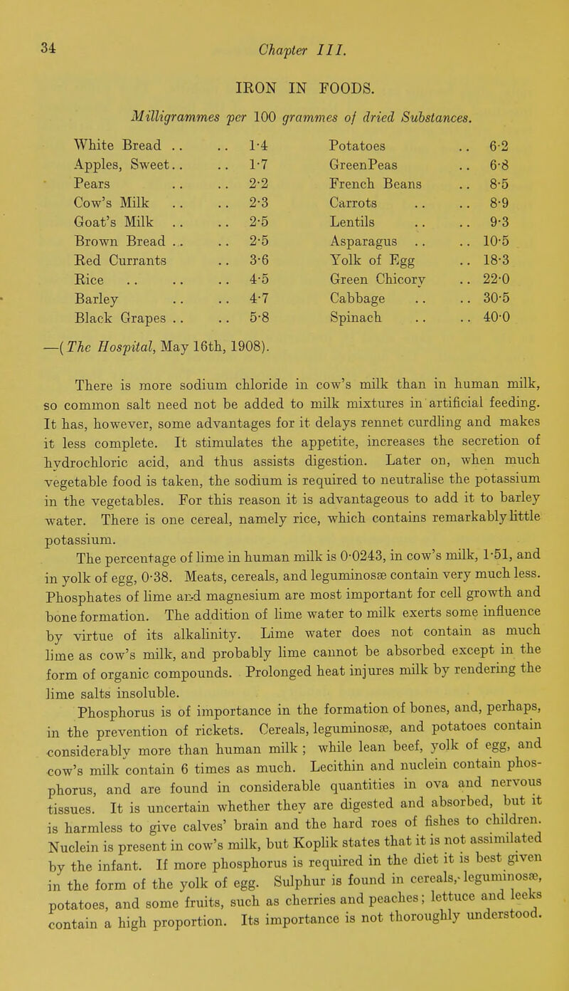 IRON IN FOODS. Milkgrammes per 100 grammes of dried Substances. WMte Bread .. . 1-4 Potatoes 6-2 Apples, Sweet.. . 1-7 GreenPeas 6-8 Pears . 2-2 French Beans 8-5 Cow's Milk .. . 2-3 Carrots 8-9 Goat's Milk .. . 2-5 Lentils 9-3 Brown Bread .. . 2-5 Asparagus 10-5 Red Currants . 3-6 Yolk of Egg 18-3 Rice . 4-5 Green Chicory 22-0 Barley . 4-7 Cabbage 30-5 Black Grapes .. . 5-8 Spinach 40-0 —{The Hospital, May 16th, 1908). There is more sodium chloride in cow's milk than in human milk, so common salt need not be added to milk mixtures in artificial feeding. It has, however, some advantages for it delays rennet curdling and makes it less complete. It stimulates the appetite, increases the secretion of hydrochloric acid, and thus assists digestion. Later on, when much vegetable food is taken, the sodium is required to neutralise the potassium in the vegetables. For this reason it is advantageous to add it to barley water. There is one cereal, namely rice, which contains remarkably little potassium. The percentage of lime in human milk is 0-0243, in cow's milk, 1-51, and in yolk of egg, 0-38. Meats, cereals, and leguminosse contain very much less. Phosphates of lime an-d magnesium are most important for cell growth and bone formation. The addition of lime water to milk exerts some influence by virtue of its alkalinity. Lime water does not contain as much lime as cow's milk, and probably lime cannot be absorbed except in the form of organic compounds. Prolonged heat injures nulk by rendering the lime salts insoluble. Phosphorus is of importance in the formation of bones, and, perhaps, in the prevention of rickets. Cereals, leguminosje, and potatoes contain considerably more than human milk ; while lean beef, yolk of egg, and •cow's milk contain 6 times as much. Lecithin and nuclein contain phos- phorus, and are found in considerable quantities in ova and nervous tissues. It is uncertain whether they are digested and absorbed, but it is harmless to give calves' brain and the hard roes of fishes to chUdren. Nuclein is present in cow's milk, but Koplik states that it is not assmulated by the infant. If more phosphorus is required in the diet it is best given in the form of the yolk of egg. Sulphur is found in cereals,-leguminosje, potatoes, and some fruits, such as cherries and peaches; lettuce and leeks contain a high proportion. Its importance is not thoroughly understood.
