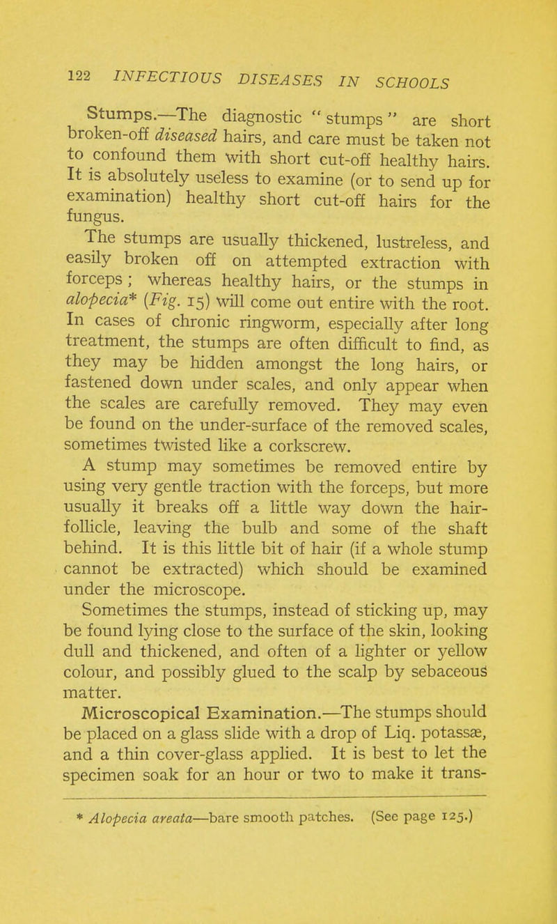 Stumps.—The diagnostic stumps are short broken-off diseased hairs, and care must be taken not to confound them with short cut-off healthy hairs. It is absolutely useless to examine (or to send up for examination) healthy short cut-off hairs for the fungus. The stumps are usually thickened, lustreless, and easily broken off on attempted extraction with forceps; whereas healthy hairs, or the stumps in alopecia* {Fig. 15) will come out entire with the root. In cases of chronic ringworm, especially after long treatment, the stumps are often difficult to find, as they may be hidden amongst the long hairs, or fastened down under scales, and only appear when the scales are carefully removed. They may even be found on the under-surface of the removed scales, sometimes twisted hke a corkscrew. A stump may sometimes be removed entire by using very gentle traction with the forceps, but more usually it breaks off a Httle way down the hair- follicle, leaving the bulb and some of the shaft behind. It is this little bit of hair (if a whole stump cannot be extracted) which should be examined under the microscope. Sometimes the stumps, instead of sticking up, may be found lying close to the surface of the skin, looking dull and thickened, and often of a hghter or yellow colour, and possibly glued to the scalp by sebaceoum matter. Microscopical Examination.—^The stumps should be placed on a glass sHde with a drop of Liq. potassas, and a thin cover-glass applied. It is best to let the specimen soak for an hour or two to make it trans- * Alopecia areata—bare smooth patches. (See page 125.)