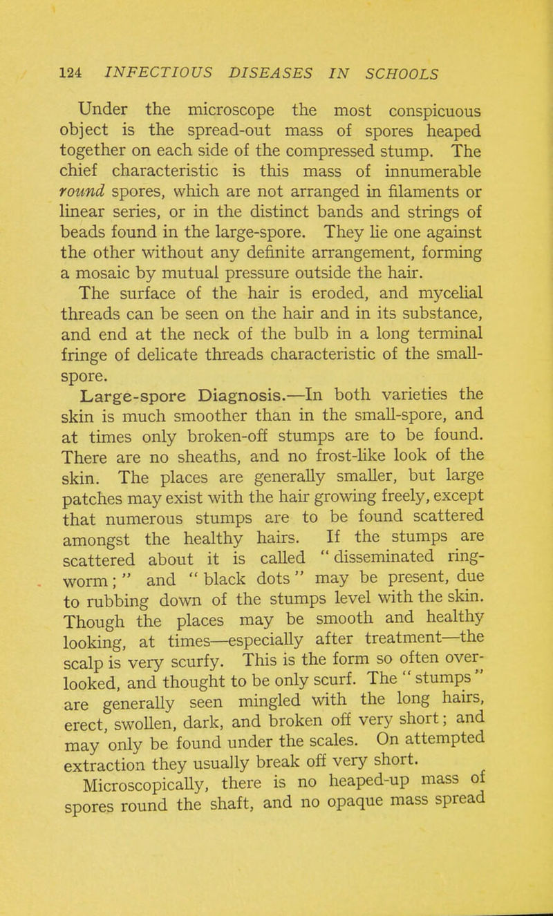 Under the microscope the most conspicuous object is the spread-out mass of spores heaped together on each side of the compressed stump. The chief characteristic is this mass of innumerable round spores, which are not arranged in filaments or linear series, or in the distinct bands and strings of beads found in the large-spore. They He one against the other without any definite arrangement, forming a mosaic by mutual pressure outside the hair. The surface of the hair is eroded, and mycelial threads can be seen on the hair and in its substance, and end at the neck of the bulb in a long terminal fringe of delicate threads characteristic of the small- spore. Large-spore Diagnosis.—In both varieties the skin is much smoother than in the small-spore, and at times only broken-off stumps are to be found. There are no sheaths, and no frost-hke look of the skin. The places are generally smaller, but large patches may exist with the hah growing freely, except that numerous stumps are to be found scattered amongst the healthy hairs. If the stumps are scattered about it is called disseminated ring- worm ;  and  black dots  may be present, due to rubbing down of the stumps level with the skin. Though the places may be smooth and healthy looking, at times—especially after treatment—the scalp is very scurfy. This is the form so often over- looked, and thought to be only scurf. The  stumps  are generally seen mingled with the long hairs, erect, swollen, dark, and broken off very short; and may only be found under the scales. On attempted extraction they usually break off very short. Microscopically, there is no heaped-up mass of spores round the shaft, and no opaque mass spread