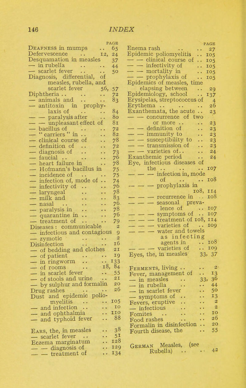 PAGE Deafness in mumps .. 65 Defervescence .. 12, 24 Desquamation in measles 37 — in rubella .. .. 44 — scarlet fever .. .. 50 Diagnosis, differential, of measles, rubella, and scarlet fever 56, 57 Diphtheria .. .. .. 72 — animals and .. .. 83 — antitoxin in prophy- laxis of .. .. 84 paralysis after .. 80 unpleasant effect of 81 — bacillus of .. .. 72 —  carriers  in .. .. 82 — clinical course of .. 78 — definition of .. .. 72 — diagnosis of .. • • 73 — faucial .. .. .. 76 — heart failure in .. 78 — Hofmann's bacillus in 75 — incidence of .. • • 75 — infection of, mode of .. 74 — infectivity of .. .. 76 — laryngeal .. .. 78 — milk and . • .. 83 — nasal .. .. .. 76 — paralysis in .. .. 78 — quarantine in .. .. 76 — treatment of .. • • 79 Diseases : communicable 2 — infectious and contagious 9 — zymotic .. • • 2 Disinfection .. • • 16 — of bedding and clothes 21 — of patient .. . • 19 — in ringworm .. • • i33 — of rooms .. 18, 84 — in scarlet fever .. 55 — of stools and urine .. 21 — by sulphur and formalin 20 Drug rashes • • • • 26 Dust and epidemic polio- myelitis .. • • 105 — and infection .. .. 10 — and ophthalmia .. no — and typhoid fever .. 88 Ears, the, in measles .. 38 — scarlet fever .. • • 51 Eczema marginatum .. 128 diagnosis of •• 129 treatment of •• I34 PAGE Enema rash .. .. 27 Epidemic poliomyelitis .. 105 clinical course of .. 105 infectivity of .. 105 mortality in .. 105 prophylaxis of .. 105 Epidemics of measles, time elapsing between .. 29 Epidemiology, school .. 137 Erysipelas, streptococcus of 4 Erythema .. .. .. 26 Exanthemata, the acute .. 23 concurrence of two or more .. .. 23 definition of .. 23 immunity to .. 23 susceptibility to .. 23 transmission of .. 23 varieties of.. .. 24 Exanthemic period .. 24 Eye, infectious diseases of the 107 infection in, mode of .. .. io8 prophylaxis in 108, 114 recurrence in . . 108 seasonal preva- lence of .. 107 symptoms of .. 107 treatment of 108, 114 varieties of .. 109 water and towels as infecting agents in .. 108 ■ varieties of .. 109 Eyes, the, in measles 33, 37 Ferments, living .. . • 2 Fever, management of .. 13 — in measles •. 33i 36 — in rubella .. . • 44 —• in scarlet fever . • 50 — symptoms of .. • • i3 Fevers, eruptive .. • • 2 — infectious .. • • 2 Fomites 1° Food rashes . • .. 20 Formalin in disinfection .. 20 Fourth disease, the • • 55 German Measles, (see Rubella) .. .-42