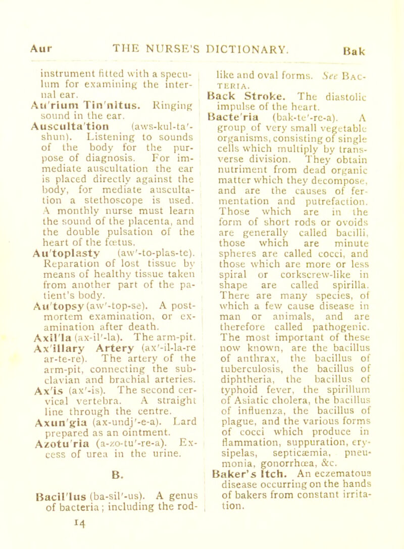 Bak instrument fitted with a specu- lum for examining the inter- nal ear. Au'rium Tin'nltus. Ringing sound in the car. Ausculta'tion (aws-kul-ta'- shun). Listening to sounds of the body for the pur- pose of diagnosis. For im- mediate auscultation the ear is placed directly against the body, for mediate ausculta- tion a stethoscope is used. A monthly nurse must learn the sound of the placenta, and the double pulsation of the heart of the fcetus. Au'toplasty (aw'-to-plas-te). Reparation of lost tissue by means of healthy tissue taken from another part of the pa- tient's body. Au'topsy (aw'-top-se). A post- mortem examination, or ex- amination after death. Axil'la (ax-il'-la). The arm-pit. Ax'illary Artery (ax'-il-la-re ar-te-re). The artery of the arm-pit, connecting the sub- clavian and brachial arteries. Ax'is (ax'-is). The second cer- vical vertebra. A straight line through the centre. Axun'gia (ax-undj'-e-a). I.ard prepared as an ointment. Azotu'ria (a-zo-tu'-re-a). Ex- cess of urea in the urine. B. Bacil'lus (ba-sil'-us). A genus of bacteria ; including the rod- like and oval forms. See Bac- teria. Back Stroke. The diastolic impulse of the heart. Bacte'ria (bak-te'-rc-a). A group of very small vegetable- organisms, consisting of single cells which multiply by trans- verse division. They obtain nutriment from dead organic matter which they decompose, and are the causes of fer- mentation and putrefaction. Those which are in the form of short rods or ovoids are generally called bacilli, those which are minute spheres are called cocci, and those which are more or le^s spiral or corkscrew-like in shape are called spirilla. There are many species, of which a few cause disease in man or animals, and are therefore called pathogenic. The most important of these now known, are the bacillus of anthrax, the bacillus of tuberculosis, the bacillus of diphtheria, the bacillus of typhoid fever, the spirillum of Asiatic cholera, the bacillus of influenza, the bacillus of plague, and the various forms of cocci which produce in (lamination, suppuration, ery- sipelas, septicaemia, pneu- monia, gonorrhcea, &c. Baker's itch. An eczematous disease occurring on the hands of bakers from constant irrita- tion. i-1
