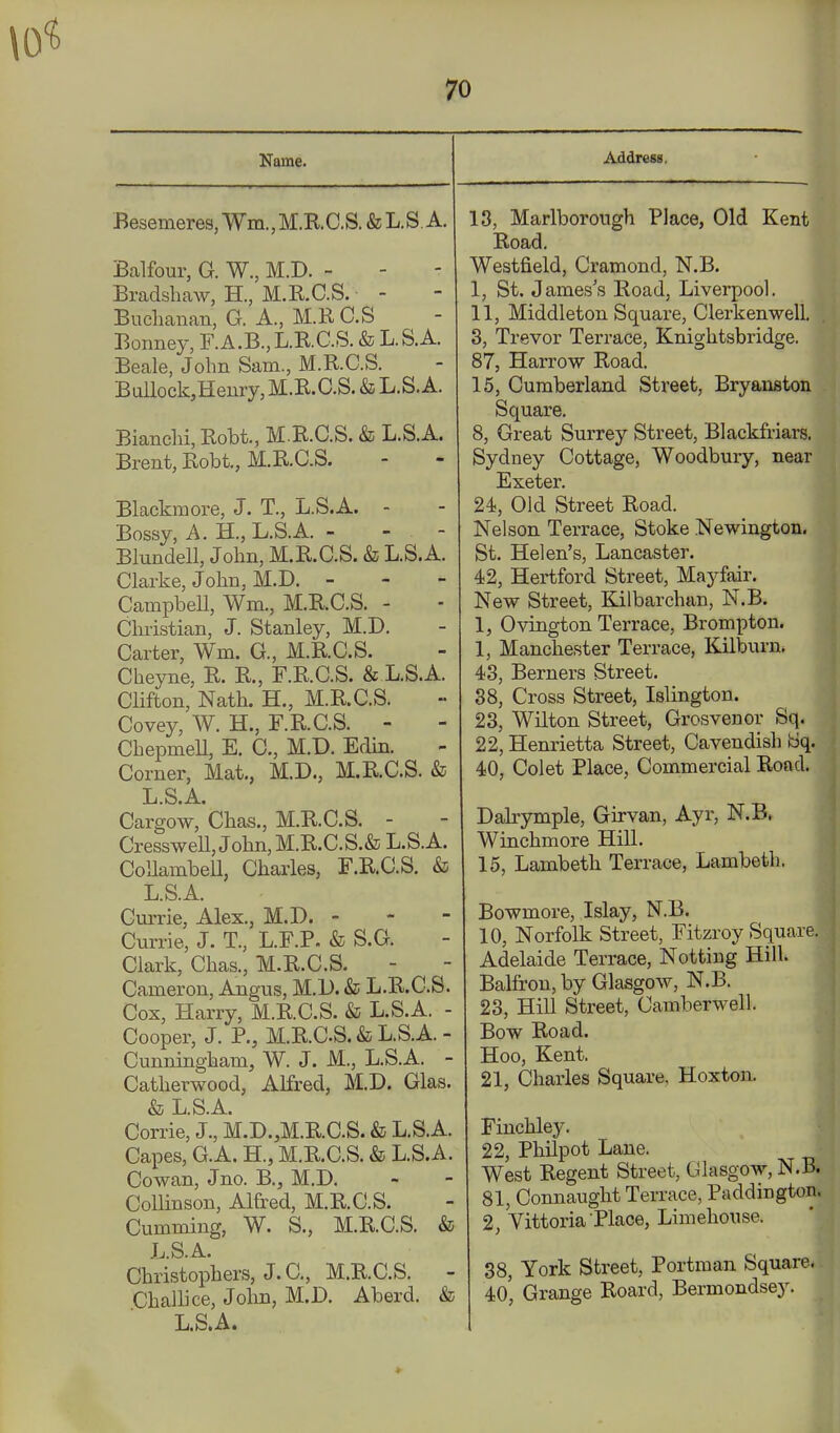 Name. Besemeres, Wm., M.RO.S. & L.S. A. Balfour, G. W., M.D. - Bradsbaw, H., M.KC.S. - Buchanan, G. A., M.R C.S Bonney, F.A.B.,L.R.C.S. & L.S.A. Beale, John Sam., M.R.C.S. Ballock,Henry, M.R.C.S. & L.S. A. Bianchi, Robt., M.R.C.S. & L.S.A. Brent, Robt,, M.KC.S. Blackmore, J. T., L.S.A. - Bossy, A. H., L.S.A. - - . - Blundell, John, M.R.C.S. & L.S.A. Clarke, John, M.D. - - - Campbell, Wm., M.R.C.S. - Christian, J. Stanley, M.D. Carter, Wm. G., M.KC.S. Cheyne, R. K, F.R.C.S. & L.S.A. Clifton, Nath. H., M.KC.S. Covey, W. H., F.KC.S. - ChepmeU, E. C, M.D. Edin. Corner, Mat., M.D., M.R.C.S. & L.S.A. Cargow, Chas., M.R.C.S. - Cresswell, John, M.R.C.S.& L.S.A. CoUambell, Charles, F.KC.S. & L.S.A. Currie, Alex., M.D. - Currie, J. T., L.F.P. & S.G. Clark, Chas., M.R.C.S. Cameron, Angus, M.D. & L.R.C.S. Cox, Harry, M.R.C.S. & L.S.A. - Cooper, J. P., M.KC.S.& L.S.A. - Cunningham, W. J. M., L.S.A. - Catherwood, Alfred, M.D. Glas. & L.S.A. Corrie, J., M.D.,M.KC.S. & L.S.A. Capes, G.A. H., M.KC.S. & L.S.A. Cowan, Jno. B., M.D. CoUinson, Alfred, M.R.C.S. Gumming, W. S., M.KC.S. & L.S.A. Christophers, J. C, M.R.C.S. Challice, John, M.D. Aberd. & L.S.A. Address. 13, Marlborough Place, Old Kent Road. Westfield, Cramond, N.B. I, St. James's Eoad, Liverpool. II, Middleton Square, Clerkenwell. 3, Trevor Terrace, Knightsbridge. 87, Harrow Road. 15, Cumberland Street, Bryanston Square, 8, Great Surrey Street, Blackfriars. Sydney Cottage, Woodbury, near Exeter, 24, Old Street Road. Nelson Terrace, Stoke Newington. St. Helen's, Lancaster. 42, Hertford Street, Mayfair. New Street, Kilbarchan, N.B. 1, Ovington Terrace, Brompton. 1, Manchester Terrace, Kilburn* 43, Berners Street. 38, Cross Street, Islington. 23, Wilton Street, Grosvenor Sq. 22, Henrietta Street, Cavendish Sq. 40, Colet Place, Commercial Road. Dahymple, Girvan, Ayr, N.B. Winchmore Hill. 15, Lambeth Terrace, Lambeth. Bowmore, Islay, N.B. 10, Norfolk Street, Fitzroy Square. Adelaide Terrace, Notting Hill. Balfron, by Glasgow, N.B. 23, Hill Street, Camberwell. Bow Road. Hoo, Kent. 21, Charles Square, Hoxton. Finchley. 22, Philpot Lane. West Regent Street, Glasgow, N.B. 81, Comiaught Terrace, Paddington. 2, Vittoria Place, Limehouse. 38, York Street, Portman Square. 40', Grange Roard, Bermondsey.