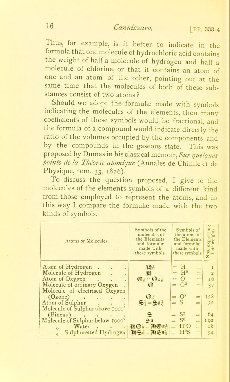 [PP. 333-4 Thus, for example, is it better to indicate in the formula that one molecule of hydrochloric acid contains the weight of half a molecule of hydrogen and half a molecule of chlorine, or that it contains an atom of one and an atom of the other, pointing out at the same time that the molecules of both of these sub- stances consist of two atoms ? Should we adopt the formulae made with symbols indicating the molecules of the elements, then many coefficients of these symbols would be fractional, and the formula of a compound would indicate directly the ratio of the volumes occupied by the components and by the compounds in the gaseous state. This was proposed by Dumas in his classical memoir, Sur quelqucs points de la Theorie atomique (Annales de Chimie et de Physique, torn. 33, 1826). To discuss the question proposed, I give to the molecules of the elements symbols of a different kind from those employed to represent the atoms, and in this way I compare the formulas made with the two kinds of symbols. Symbols of the Symbols of .S « molecules of the atoms of IT. r. 8 M Atoms or Molecules. the Elements the Elements and formulas and form □Iae x S made with made wi th V u these symbols. these sym DOlS. s 2 c — Z ~ Atom of Hydrogen . m = H I Molecule of Hydrogen = H2 2 Atom of Oxygen - 0 16 Molecule of ordinary Oxygen .  © = O2 32 Molecule of electrised Oxygen (Ozone) .... ©5 = o8 128 Atom of Sulphur = s 32 Molecule of Sulphur above 10000 (Bineau) .... s> = s2 64 Molecule of Sulphur below 10000 = S6 I 92 ,, Water . = UK) 18 ,, Sulphuretted Hydrogen = H2S 34 I