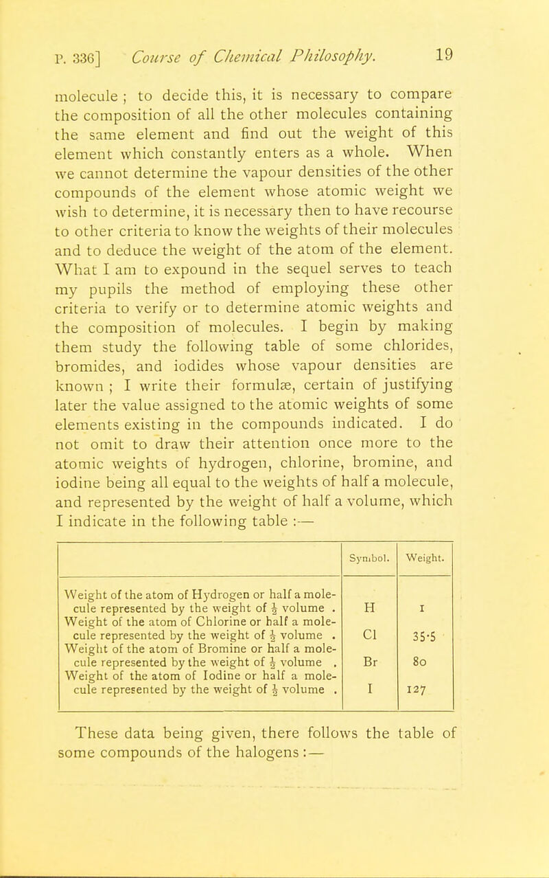 molecule ; to decide this, it is necessary to compare the composition of all the other molecules containing the same element and find out the weight of this element which constantly enters as a whole. When we cannot determine the vapour densities of the other compounds of the element whose atomic weight we wish to determine, it is necessary then to have recourse to other criteria to know the weights of their molecules and to deduce the weight of the atom of the element. What I am to expound in the sequel serves to teach my pupils the method of employing these other criteria to verify or to determine atomic weights and the composition of molecules. I begin by making them study the following table of some chlorides, bromides, and iodides whose vapour densities are known ; I write their formulae, certain of justifying later the value assigned to the atomic weights of some elements existing in the compounds indicated. I do not omit to draw their attention once more to the atomic weights of hydrogen, chlorine, bromine, and iodine being all equal to the weights of half a molecule, and represented by the weight of half a volume, which I indicate in the following table :— Symbol. Weight. Weight of the atom of Hydrogen or half a mole- cule represented by the weight of J volume . Weight of the atom of Chlorine or half a mole- cule represented by the weight of \ volume . Weight of the atom of Bromine or half a mole- cule represented by the w eight of \ volume . Weight of the atom of Iodine or half a mole- cule represented by the weight of \ volume . H CI Br I I 35-5 8o 127 These data being given, there follows the table of some compounds of the halogens : —