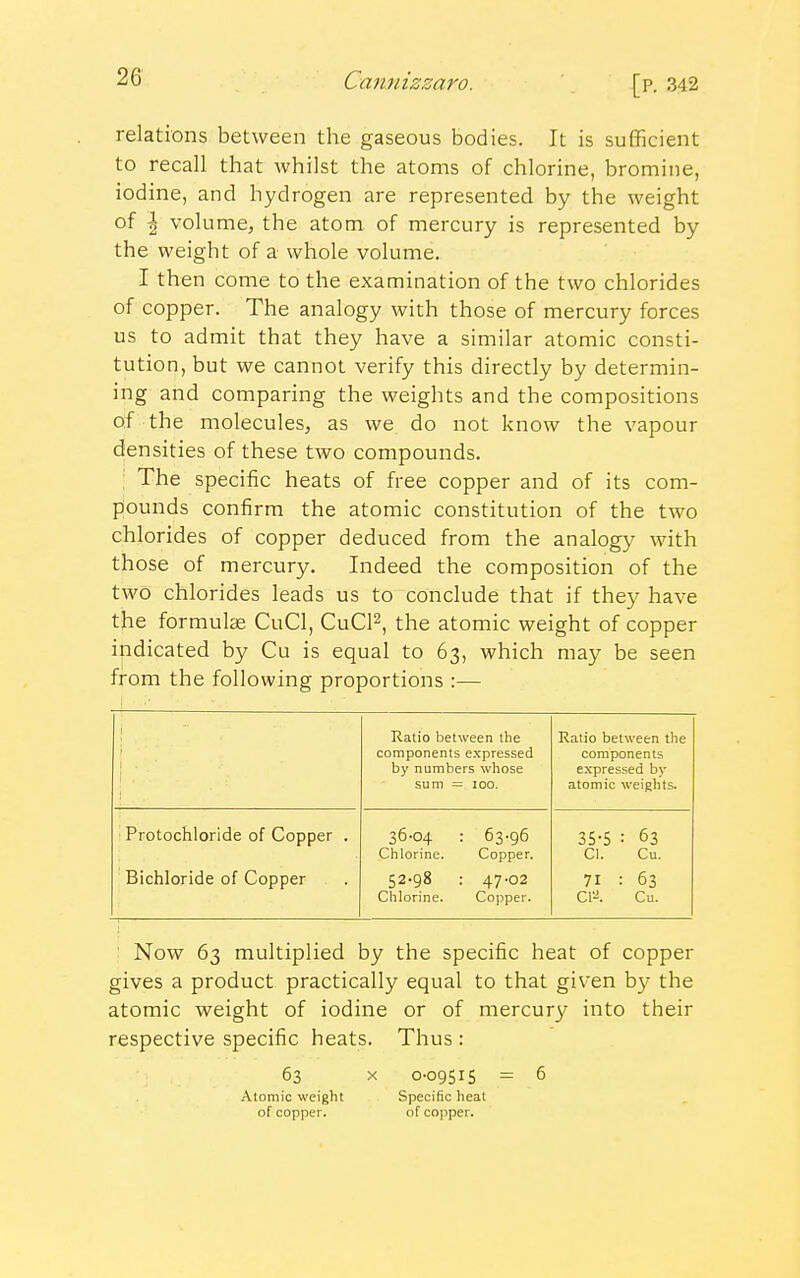 [P. 342 relations between the gaseous bodies. It is sufficient to recall that whilst the atoms of chlorine, bromine, iodine, and hydrogen are represented by the weight of \ volume, the atom of mercury is represented by the weight of a whole volume. I then come to the examination of the two chlorides of copper. The analogy with those of mercury forces us to admit that they have a similar atomic consti- tution, but we cannot verify this directly by determin- ing and comparing the weights and the compositions of the molecules, as we do not know the vapour densities of these two compounds. The specific heats of free copper and of its com- pounds confirm the atomic constitution of the two chlorides of copper deduced from the analogy with those of mercury. Indeed the composition of the two chlorides leads us to conclude that if they have the formulae CuCl, CuCl2, the atomic weight of copper indicated by Cu is equal to 63, which may be seen from the following proportions :— Ratio between the components expressed by numbers whose sum = 100. Ratio between the components expressed b\- atomic weights. Protochloride of Copper . Bichloride of Copper 36-04 : 63.96 Chlorine. Copper. 52-98 : 47-02 Chlorine. Copper. 35-5 : 63 Cl. Cu. 71 : 63 CP. Cu. Now 63 multiplied by the specific heat of copper gives a product practically equal to that given by the atomic weight of iodine or of mercury into their respective specific heats. Thus : 63 x 0-09515 = 6 Atomic weight Specific heat of copper. of copper.