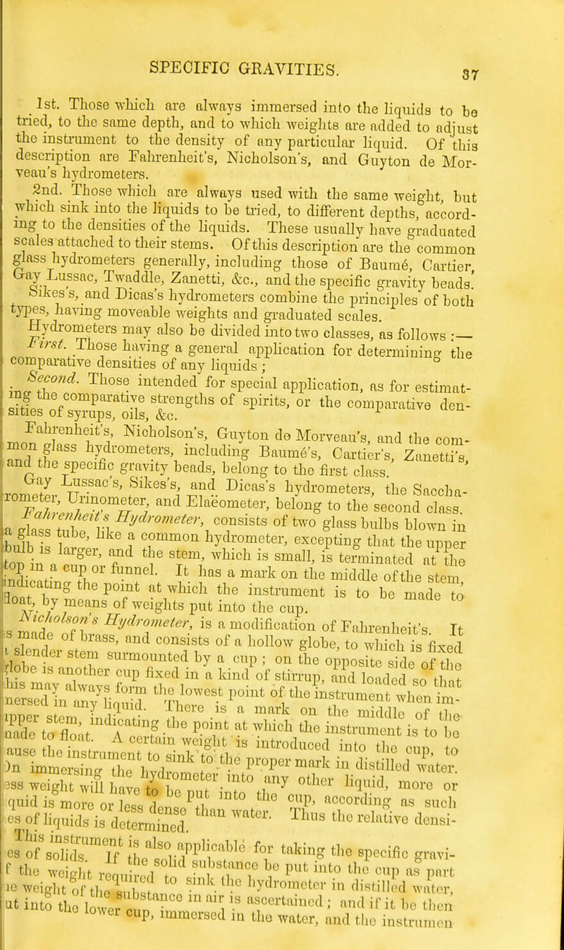 1st. Those which are always immersed into the liquids to be tried, to the same depth, and to which weights are added to adjust the instrument to the density of any particular liquid. Of this description are Fahrenheit's, Nicholson's, and Guyton de Mor- veau's hydrometers. 2nd. Those which are always used with the same weight, but winch sink into the liquids to be tried, to different depths accord- ing to the densities of the liquids. These usually have graduated scales attached to their stems. Of this description are the common glass hydrometers generally, including those of Baume, Cartier txay Lussac, Twaddle, Zanetti, &c, and the specific gravity beads' bikes s, and Dicas's hydrometers combine the principles of both types, having moveable weights and graduated scales. Hydrometers may also be divided into two classes, as follows •— Hirst. Those having a general application for determining the comparative densities of any liquids ; Second. Those intended for special application, as for estimat- i?t?prnf°0mparatl^ st*en%ths of sPirits' or the comparative den- sities of syrups, oils, &c. L rnnnl!rnhf'j Nicnolson's> do Morveau's, and the com- mon glass hydrometers, including Baume s, Carriers Zanetti™ and the specific gravity beads, belong to the first class ' Ixay .Lussac's, Sikes's, and Dicas's hydrometers, the Saccha- **5£w^J Mld/E1-ome^ *«W to the'seconc? class n Jh,™ I vi Rydrmeter> consists of two glass bulbs blown in a glass tube, hke a common hydrometer, excepting that the uvver bulb is larger, and the stem, which is small, is terminated aMta maicating the point at which the instrument is to be made to Boat, by means of weights put into the cup. Olson's Hydrometer, is a modification of Fahrenheit's It » made of brass, and consists of a hollow globe, to S is fixed slender stem surmounted by a cup ; on the o^poshe side of tbn lobe is another cup fixed in a kind of stirrup, Sd loaded so^that ^aV^^Z %l0™> P°iUt o^eLtramentlCt- , oxacu m any nqmd. I here is a mark on the midrib ^ n Zsl helntuntnttrinkt1tl * ^ the ^ * )n immersinj XWl I P«>per mark in distilled water. 3ss weigh ^ fl hale tZ :V-T °te ^ ^re or os of liquids is dZSS ' Thus ^^lative densi- f ^e w ght r mi ed m iT? \° pUt int° ^ 0UP - Part 10 weight o tl El! Smk. lh° h^nleter in distilled water, it into the lower enn * 5 -S a!°ertainod; aml if ifc be ^en lower cup, immersed in the water, and the instrumen