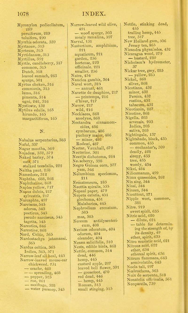 Myroxylon pedicellatum, 289 peruiferum, 289 toluifera, 290 Myrrhis odorata, 339 Myrtaceee, 313 Myrteum, 315 Myrtidanum, 315 Myrtillus, 392 Myrtle, candleberry, 517 common, 315 Dutch, 518 leaved sumach, 263 spurge, 501 Myrtus cheken,316 communis, 315 luma, 316 pimenta, 314 ugni, 242, 316 Mysticete, 132 Mytilu3 edulis, 165 hirundo, 165 margaritiferus, 165 N. Nabalus serpentarius,383 Naful, 337 Nagur mootha, 569 Najadeai, 532, 579 Naked barley, 574 oats, 571 stalked teesdalia, 222 Naltha paut, 238 Namedoce, 312 Naphtha, 688, 868 Naphthaline, 868 Maples yellow, 717 Napus dulcis, 217 sylvestris, 217 Narcaphte, 497 Narcissus, 545 odorus, 545 poeticus, 545 pseudo narcissus, 545 tagetta, 545 Narcotics, 846 Narcotine, 868 Nard, Celtic, 365 Nardostachys jatamansi, 365 Nardus celtica, 365 Indica, 365, 571 Narrow-leaf all heal, 445 Narrow-leaved mouse-car chick weed, 931 — orache, 468 spreading, 468 — pepper, 525 — rue, 2(51 — saxifrage, 328 — water parsncp, 343 Narrow-leaved wild olive, 491 — wood spurge, 503 mealy ramalina, 597 Naryal, 131 Nasturtium, amphibium, 221 aquaticum, 221 garden, 256 hortense, 220 officinale, 221 smaller, 256 Natre, 434 Nauclea gambir, 364 Navel wort, 325 — annual, 461 Navette de dauphine, 217 — printemps, 216 d'hiver, 217 Navew, 217 wild, 216 Necklaces, 868 anodyne, 868 Nectandra cinnamom- oides, 486 cymbarum, 486 puchury major, 486 — minor, 486 Rodesei, 487 Nectar, Vauxhall, 670 Nectarine, 301 Neerija dichotoma, 264 Ne^seberry, 398 Negro Guinea corn, 577 yam, 546 Nelumbium speciosum, 211 Nematoneura, 185 Neottia spiralis, 535 Nepaul paper, 479 Nepeta cataria, 451 glechoma, 451 Malabarica, 445 Nephrodium crenatum, 585 mas, 585 Nereum antidysenteri- cum, 408 Nerium odoratum, 404 odorum, 404 oleander, 404 Nesffia salicifolia, 310 Nests, edible birds, 868 Nettle, common, 514 dead, 446 hemp, 445 custard apple, 207 leaved bell flower, 391 — goosetoot, 470 red dead, 446 — hemp, 445 Roman, 515 small stinging, 515 Nettle, stinking dead, 455 trailing hemp, 445 tree, 517 New Holland gum, 556 Jersey tea, 265 Nicandra physalodes, 432 Nicaragua wood, 279 — bastard, 280 Nicholson's hydrometer, 37 Nickar tree, giey, 285 — yellow, 285 Nickel, 868 silver, 868 Nicotiana, 432 minor, 432 Persica, 432 rustica, 432 tabacirm, 432 Nicotianin, 887 Nicotine, 868 Nigella, 203 arvensis, 203 Indica, 203 sativa, 203 Nightingale, 137 Nightshade, black, 435 common, 435 — enchanter's, 309 deadly, 428 sleepy, 433 tree, 435 woody, 434 Nikei, 484 Nilicamaram, 499 Nima quassoides, 262 Nin sing, 344 Ninsi, 344 Ninzen, 344 Niouttout, 271 Nipple wort, common, 381 Nitre, 919 sweet spirit, 635 Nitric acid, 620 — dilute, 621 — table for determin- ing the strength of, by its density, 49 ether, spirit, 635 Nitro muriatic acid, 621 Nitrous acid, 622 ether, 634 ethereal spirit, 636 Nitrum flammans, 643 semivolatile, 643 Noela tali, 297 Nceleuchcna, 565 Noix de serpente, 318 Nonatelia oflv-inalis, 361 Nonpareils, 739 4