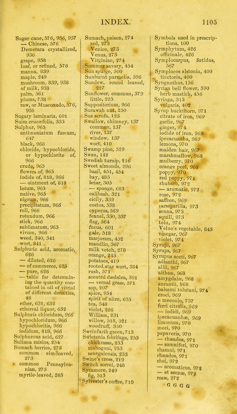 Sugar cane, 576, 936, 937 — Chinese, 576 Demerara crystallized, 936 grape, 938 loaf, or refined, 576 manna, 839 maple, 249 mushroom, 839, 938 of milk, 938 palm, 561 plums, 738 raw, or Muscovado, 576, 936 Sugary laminaria, 601 Suim cruciefolia, 333 Sulphur, 965 antimoniatum fuscum, 647 black, 966 chloride, hypochloride, or hypochlorite of, 966 crude, 965 flowers of, 965 iodide of, 818, 966 — ointment of, 818 lotum, 965 native, 965 nigrum, 966 precipitatum, 966 roll, 966 rotundum, 966 stick, 966 sublimatum, 965 vivum, 966 weed, 340, 341 wort, 341 Sulphuric acid, aromatic, 626 — diluted, 626 — of commerce, 625 — pure, 626 — table for determin- ing the quantity con- tained in oil of vitriol of different densities, 48 ether, 631, 632 ethereal liquor, 632 Sulphuris chloridum, 966 hypochloridum, 966 hypochloritis, 966 iodidum, 818, 966 Sulphurous acid, 627 Sultana raisins, 254 Sumach berries, 273 common elm-leaved, 273 * common Pennsylva- nian, 273 myrtle-leaved, 263 INDEX. Sumach, poison, 274 red, 273 Venice, 273 Venus, 273 Virginian, 274 Summer savory, 454 Sun spurge, 500 Sunburnt parmelia, 596 Sundew, round leaved, 227 Sunflower, common, 379 little, 225 Suppositorium, 966 Surawah nut, 250 Sua scrofa, 123 Swallow, chimney, 137 common, 137 river, 137 window, 137 wort, 410 Swamp pine, 529 Swan, 142 Swedish turnip, 216 Sweet almonds, 296 basil, 451, 454 bay, 485 briar, 305 — sponge, 683 calibash, 321 cicily, 339 costus, 538 cyperus, 569 fennel, 330, 337 flag, 564 fucus, 601 gale, 518 marjoram, 452 maudlin, 367 milk vetch, 278 orange, 243 potatoes, 419 rooted star wort, 384 rush, 571 Bcented dasdalea, 591 — vernal grass, 571 sop, 207 spice, 954 spirit of nitre, 635 tea, 548 violet, 226 William, 231 willow, 518, 521 woodruff, 350 Sweinfurth green, 713 Swietenia febrifuga, 253 chickrassa, 253 mahogoni, 253 senegalensis, 253 Swine's cress, 219 Switch sorrel, 248 Sycamore, 249 fig, 513 Sylvester's coffee, 710 1105 Symbols used in prescrip- tions, 100 Symphytum, 426 officinale, 426 Symplocarpus, fcetidus, 567 Symplocos alstonia, 400 tinctoria, 400 Syngnathus, 156 Syrian bell flower, 390 herb mastick, 456 Sjringa, 313 vulgaris, 402 Syrup buckthorn, 971 citrate of iron, 969 garlic, 967 ginger, 974 iodide of iron, 969 ipecacuanha, 969 lemons, 970 maiden hair, 967 marshmallow, 968 mulberry, 970 orange peel, 968 poppy, 970 red poppy, 971 rhubarb, 972 — aromatic, 972 rose, 972 saffron, 969 rarsaparilla, 973 senna, 973 squill, 973 tolu, 974 Velno's vegetable, 845 vinegar, 967 violet, 974 Syrufti, 967 Syrups, 967 Syrupus aceti, 967 adianthi, 967 allii, 967 altheaa, 968 amygdalae, 968 aurantii, 968 balsami tolutani, 974 croci, 969 e meconio, 737 ferri citratis, 969 — iodidi, 969 ipecacuanhas, 969 limonum, 970 mori, 970 papaveris, 970 — rhaeados, 971 — somniferi, 970 rhamni, 971 rh aiad os, 971 rhei, 972 — aromaticus, 972 — et senna;, 972 rosae, 972 G G G a