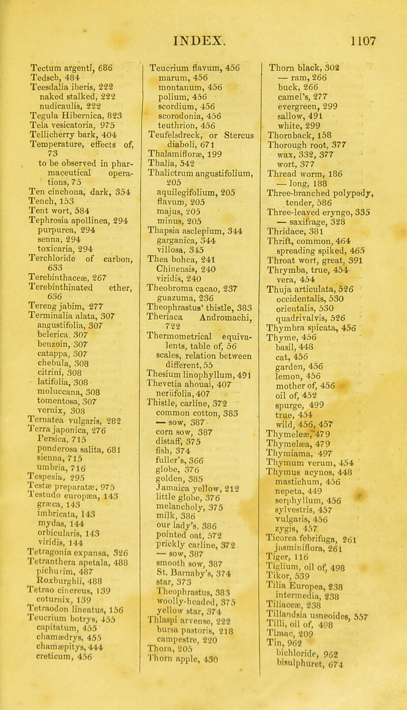 Tectum argenti, 686 Tedscb, 484 Teesdalia iberis, 222 naked stalked, 222 nudicaulis, 222 Tegula Hibernica, 823 Tela vesicatoria, 975 Tellicherry bark, 404 Temperature, effects of, 73 to be observed in phar- maceutical opera- tions, 75 Ten cinchona, dark, 354 Tench, 153 Tent wort, 584 Tephrosia apollinea, 294 purpurea, 294 senna, 294 toxicaria, 294 Terchloride of carbon, 633 Terebinthaceffl, 267 Terebinthinated ether, 636 Terengjabim, 277 Terminalia alata, 307 angustifolia, 307 belerica, 307 benzoin, 307 catappa, 307 chebula, 308 citrini, 308 latifolia, 308 moluccana, 308 tomentosa, 307 vcrnix, 308 Ternatea vulgaris, 282 Terra japonica, 276 Persica, 715 ponderosa salita, 681 sienna, 715 umbria, 716 Tespesia, 295 Testae preparatffi, 975 Testudo europrea, 143 graca, 143 imbricata, 143 mydas, 144 orbicularis, 143 viridis, 144 Tctragonia expansa, 326 Tetranthera apetala, 488 pichuiim, 487 Roxburghii, 488 Tetrao cinereus, 139 coturnix, 139 Tetraodon lineatus, 156 Teucrium botrys, 455 capitatum, 455 chamoedrys, 455 chamrepitys, 444 creticum, 456 Teucrium flavum, 456 marum, 456 montanum, 456 polium, 456 scordium, 456 scorodonia, 456 teuthrion, 456 Teufelsdreck, or Stercus diaboli, 671 Thalamiflora?, 199 Thalia, 542 Thalictrum angustifolium, 205 aquilegifolium, 205 flavum, 205 majus, 205 minus, 205 Thapsia asclepium, 344 garganica, 344 villosa, 345 Thea bohea, 241 Chinensis, 240 viridis, 240 Theobroma cacao, 237 guazuma, 236 Theophrastus' thistle, 383 Theriaca Andromachi, 722 Thermometrical equiva- lents, table of, 56 scales, relation between different, 55 Thesium linophyllum, 491 Thevctia ahouai, 407 neriifolia, 407 Thistle, carline, 372 common cotton, 383 — sow, 387 corn sow, 387 distaff, 375 fish, 374 fuller's, 366 globe, 376 golden, 385 Jamaica yellow, 212 little globe, 376 melancholy, 375 milk, 386 our lady's, 386 pointed oat, 572 prickly carline, 372 — sow, 387 smooth sow, 387 St. Barnnby's, 374 star, 373 Theophrastus, 383 woolly-headed, 375 yellow star, 374 Thlaspi arvense, 222 bursa pastoris, 218 campestrc, 220 Thora, 205 Thorn apple, 430 Thorn black, 302 — ram, 266 buck, 266 camel's, 277 evergreen, 299 sallow, 491 white, 299 Thornback, 158 Thorough root, 377 wax, 332, 377 wort, 377 Thread worm, 186 — long, 188 Three-branched polypody, tender, 586 Three-leaved eryngo, 335 — saxifrage, 328 Thridace, 381 Thrift, common, 464 spreading spiked, 465 Throat wort, great, 391 Thrymba, true, 454 vera, 454 Thuja articulata, 526 occidentalis, 530 orientalis, 530 quadriyalvis, 526 Thymbra spicata, 456 Thyme, 456 basil, 448 cat, 456 garden, 456 lemon, 456 mother of, 456 * oil of, 452 spurge, 499 true, 454 wild, 456, 457 Thymelea?r479 Thymelaea, 479 Thymiama, 497 Thymum verum, 454 Thymus acynos, 448 mastichum, 456 nepeta, 449 serphyllum, 456 sylvestris, 457 vulgaris, 456 zygis, 457 Ticorea febrifuga, 261 jiisminiflora, 261 Tiger, 116 Tiglium, oil of, 498 Tikor, 539 Tilia Europea, 238 intermedia, 238 Tiliaceae, 238 Tillandsia usneoides 557 Tilli, oil of, 498 Timac, l209 Tin, 962 bichloride, 962 bisulphuret, 674
