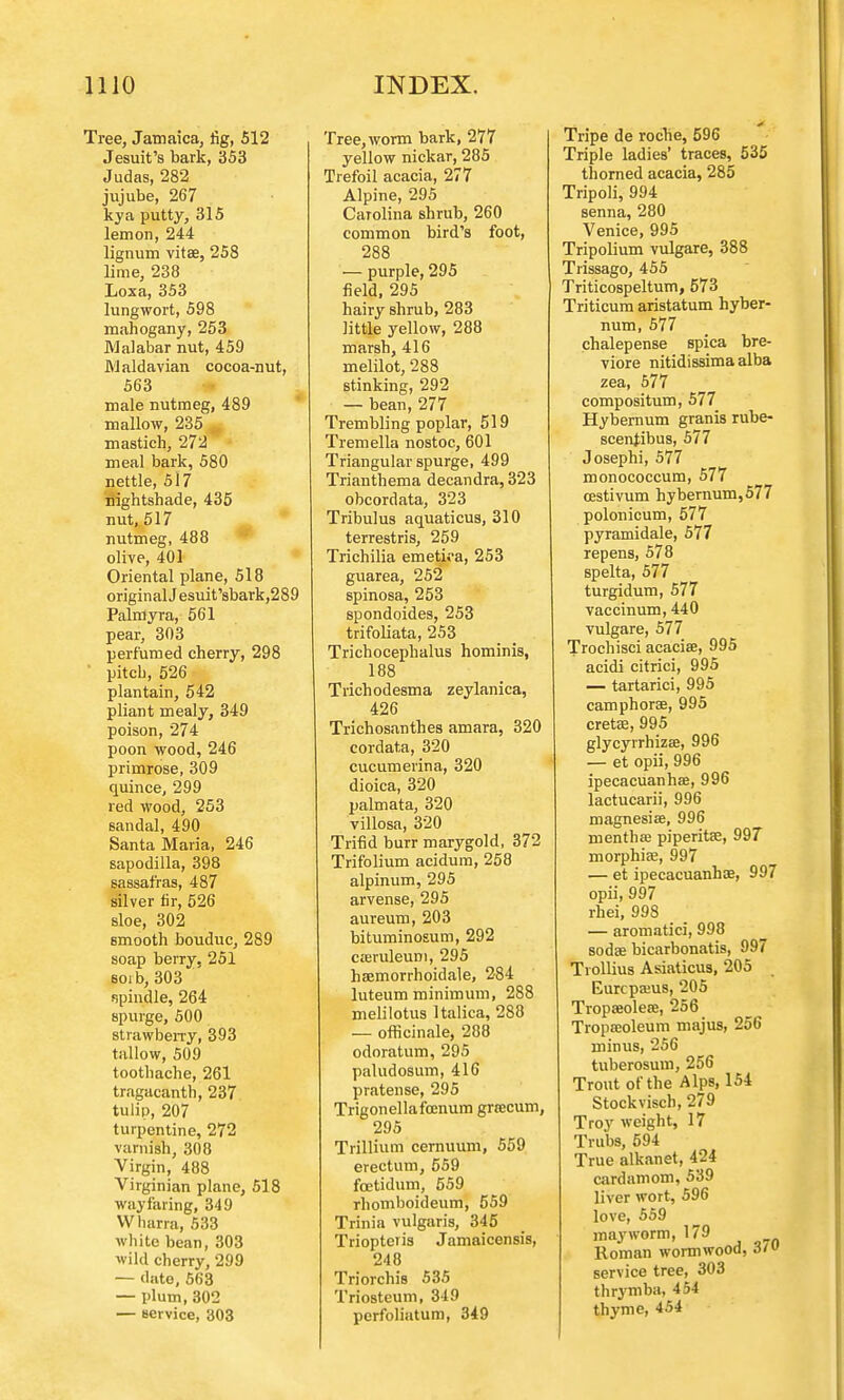 Tree, Jamaica, fig, 512 Jesuit's bark, 353 Judas, 282 jujube, 267 kya putty, 315 lemon, 244 lignum vitae, 258 lime, 238 Loxa, 353 lungwort, 598 mahogany, 253 Malabar nut, 459 JYlaldavian cocoa-nut, 563 male nutmeg, 489 mallow, 235^ mastich, 272 meal bark, 580 nettle, 5l7 nightshade, 435 nut, 517 nutmeg, 488 olive, 401 Oriental plane, 518 originalJesuit,sbark,289 Palmyra, 561 pear, 303 perfumed cherry, 298 pitch, 526 plantain, 542 pliant mealy, 349 poison, 274 poon wood, 246 primrose, 309 quince, 299 red wood, 253 sandal, 490 Santa Maria, 246 sapodilla, 398 sassafras, 487 silver fir, 526 sloe, 302 smooth bouduc, 289 soap berry, 251 soib, 303 ■spindle, 264 spurge, 500 strawberry, 393 tallow, 509 toothache, 261 tragacanth, 237 tulip, 207 turpentine, 272 varnish, 308 Virgin, 488 Virginian plane, 518 wayfaring, 349 Wharra, 533 white bean, 303 wild cherry, 299 — date, 563 — plum, 302 — service, 303 Tree, worm bark, 277 yellow nickar, 285 Trefoil acacia, 277 Alpine, 295 Carolina shrub, 260 common bird's foot, 288 — purple, 295 field, 295 hairy shrub, 283 little yellow, 288 marsh, 416 melilot, 288 stinking, 292 — bean, 277 Trembling poplar, 519 Tremella nostoc, 601 Triangular spurge, 499 Trianthema decandra, 323 obcordata, 323 Tribulus aquaticus, 310 terrestris, 259 Trichilia emetii'a, 253 guarea, 252 spinosa, 253 spondoides, 253 trifoliata, 253 Trichocephalus hominis, 188 Trichodesma zeylanica, 426 Trichosanthes amara, 320 cordata, 320 cucumerina, 320 dioica, 320 palmata, 320 villosa, 320 Trifid burr marygold, 372 Trifolium acidum, 258 alpinum, 295 arvense, 295 aureum, 203 bituminosum, 292 creruleum, 295 haemorrhoidale, 284 luteum minimum, 288 melilotus Italica, 288 — officinale, 288 odoratum, 295 paludosum, 416 pratense, 295 Trigonellafoenum grrecum, 295 Trillium cernuum, 559 erectum, 559 fcetidum, 559 rhomboideum, 559 Trinia vulgaris, 345 Triopteris Jamaicensis, 248 Triorchis 535 Triosteum, 349 pcrfoliatum, 349 Tripe de roche, 596 Triple ladies' traces, 535 thorned acacia, 285 Tripoli, 994 senna, 280 Venice, 995 Tripolium vulgare, 388 Trissago, 455 Triticospeltum, 573 Triticum aristatum hyber- num, 577 chalepense spica bre- viore nitidissima alba zea, 577 compositum, 577 Hybernum granis rube- scentibus, 577 Josephi, 577 monococcum, 577 cestivum hybernum,577 polonicum, 577 pyramidale, 577 repens, 578 spelta, 577 turgidum, 577 vaccinum, 440 vulgare, 577 Trochisci acaciae, 995 acidi citrici, 995 — tartarici, 995 camphors, 995 cretae, 995 glycyrrhizae, 996 — et opii, 996 ipecacuanha?, 996 lactucarii, 996 magnesias, 996 menthae piperita?, 997 morphia?, 997 — et ipecacuanhas, 997 opii, 997 rhei, 998 — aromatici, 998 sodae bicarbonatis, 997 Trollius Asiaticus, 205 Eurcpseus, 205 Tropasoleoe, 256 Tropoeoleum majus, 256 minus, 256 tuberosum, 256 Trout of the Alps, 154 Stockvisch, 279 Troy weight, 17 Trubs, 594 True alkanet, 424 cardamom, 539 liver wort, 596 love, 559 may worm, 179 Roman wormwood, 3/« service tree, 303 thrymba, 454 thyme, 454