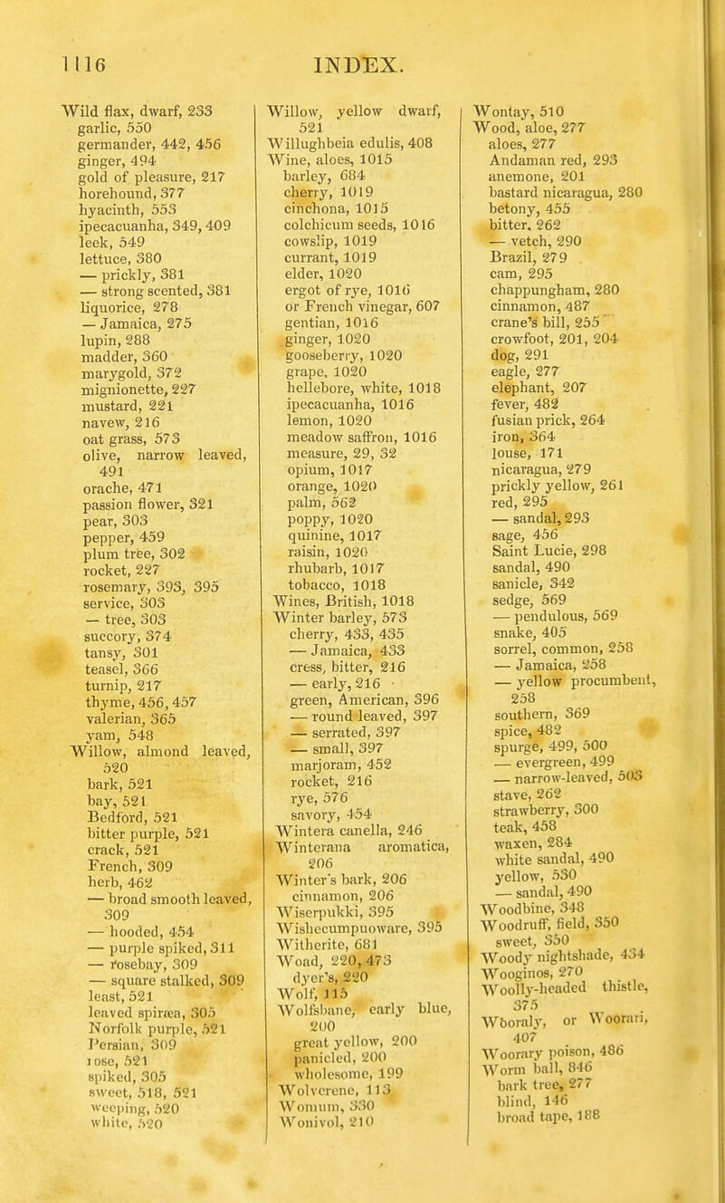 Wild flax, dwarf, 233 garlic, 550 germander, 442, 456 ginger, 494 gold of pleasure, 217 horehound, 377 hyacinth, 553 ipecacuanha, 349,409 leek, 549 lettuce, 380 — prickly, 381 — strong scented, 381 liquorice, 278 — Jamaica, 275 lupin, 288 madder, 360 marygold, 372 mignionette, 227 mustard, 221 navew, 216 oat grass, 573 olive, narrow leaved, 491 orache, 471 passion flower, 321 pear, 303 pepper, 459 plum tree, 302 rocket, 227 rosemary, 393, 395 service, 303 — tree, 303 succory, 374 tansy, 301 teasel, 366 turnip, 217 thyme, 456,457 valerian, 365 yam, 548 Willow, almond leaved, 520 hark, 521 hay, 521 Bedford, 521 hitter purple, 521 crack, 521 French, 309 herb, 462 — broad smooth leaved, 309 — hooded, 454 — purple spiked, 311 — l'osehay, 309 — square stalked, 309 least, 521 leaved spinea, 305 Norfolk purple, 521 Persian; 309 lose, 521 spiked, 305 sweet, 518, 521 weeping, 520 white, 520 Willow, yellow dwarf, 521 Willughbeia edulis, 408 Wine, aloes, 1015 barley, 684 cherry, 1019 cinchona, 1015 colchicum seeds, 1016 cowslip, 1019 currant, 1019 elder, 1020 ergot of rye, 1016 or French vinegar, 607 gentian, 1016 ginger, 1020 gooseberry, 1020 grape, 1020 hellebore, white, 1018 ipecacuanha, 1016 lemon, 1020 meadow saffron, 1016 measure, 29, 32 opium, 1017 orange, 1020 palm, 562 poppy, 1020 quinine, 1017 raisin, 1020 rhubarb, 1017 tobacco, 1018 Wines, British, 1018 Winter barley, 573 cherry, 433, 435 — Jamaica, 433 cress, bitter, 216 — early, 216 ■ green, American, 396 — round leaved, 397 — serrated, 397 — small, 397 marjoram, 452 rocket, 216 rye, 576 savory, 454 Wintera canella, 246 Winterana aromatica, 206 Winter s bark, 206 cinnamon, 206 Wiserpukki, 395 Wishecumpuoware, 395 Witherite, 681 Woad, 220,473 dyer's, 220 Wolf, 115 Wolfsbane, early blue, 200 great yellow, 200 panicled, 200 wholesome, 199 Wolverene, 113 Womum, 330 Wonivol, 210 Wontay, 510 Wood, aloe, 277 aloes, 277 Andaman red, 293 anemone, 201 bastard nicaragua, 280 betony, 455 hitter. 262 — vetch, 290 Brazil, 279 cam, 295 chappungham, 280 cinnamon, 487 crane's hill, 255 crowfoot, 201, 204 dog, 291 eagle, 277 elephant, 207 fever, 482 fusian prick, 264 iron, 364 louse, 171 nicaragua, 279 prickly yellow, 261 red, 295 — sandal, 293 sage, 456 Saint Lucie, 298 sandal, 490 sanicle, 342 sedge, 569 — pendulous, 569 snake, 405 sorrel, common, 258 — Jamaica, 258 — yellow procumbent, 258 southern, 369 spice, 482 spurge, 499, 500 — evergreen, 499 — narrow-leaved, 503 stave, 262 strawberry, 300 teak, 458 waxen, 284 white sandal, 490 yellow, 530 — sandal, 490 Woodbine, 343 Woodruff, field, 350 sweet, S50' Woody nightshade, 434 Wooginos, 270 Woolly-headed thistle, 375 Wooraly, or Woorari, 407 Woorary poison, 486 Worm ball, 846 bark tree, 277 blind, 146 broad tape, 188