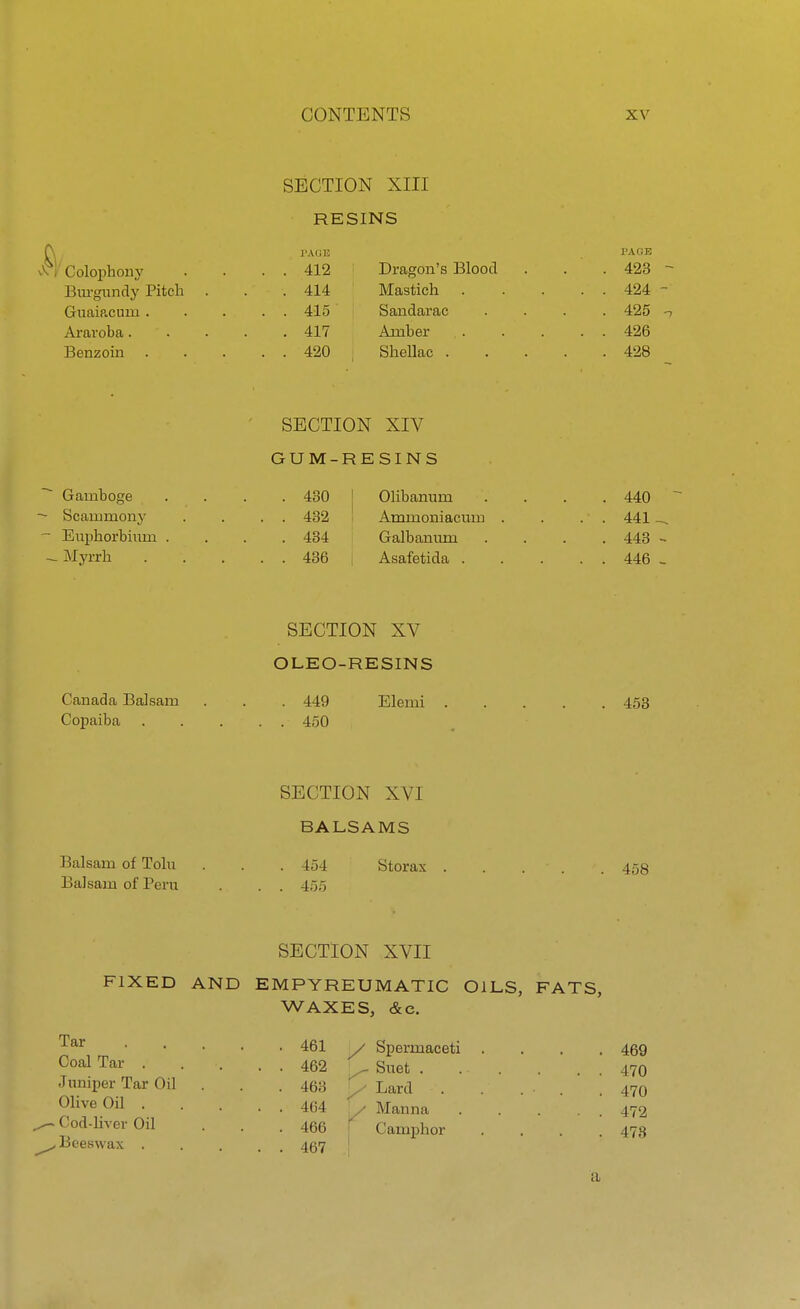 SECTION XIII RESINS C\ PAGE PAGE Colophony . . . . 412 Dragon's Blood . . .423 Burgundy Pitch . . .414 Mastich 424 Guaiacuni 415 Sandarac .... 425 Araroba 417 Amber 426 Benzoin 420 Shellac 428 SECTION XIV GUM-RESINS ~~ Gamboge .... 430 Olibanum .... 440 - Scammony . . . . 432 Ammoniacum . . .1 . 441 - Euphorbium .... 434 Galbanum .... 443 - Myrrh 436 j Asafetida 446 SECTION XV OLEO-RESINS Canada Balsam . . . 449 Elemi 453 Copaiba 450 SECTION XVI BALSAMS Balsam of Tolu . . .454 Storax . . . - . 458 Balsam of Peru . . . 455 SECTION XVII FIXED AND EMPYREUMATIC OILS, FATS, WAXES, &e. Tar 461 / Spermaceti .... 469 Coal Tar 462 L, Suet 470 Juniper Tar Oil . . . 463 y Lard . . ... .470 01ive oil 464 y Manna . . . . . 472 s~ Cod-liver Oil . . . 466 | Camphor .... 473 ^ Beeswax 457 a