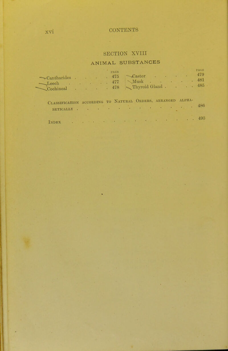 SECTION XVIII ANIMAL SUBSTANCES ■ Cantharides . . • -475 Castor JLeeoh 477 -sMusk . . • • • 481 Cochineal .... 478 i^Thyroid Gland . . • • 485 Classification according to Natural Orders, arranged alpha- 486 BETICALLY . . 493 Index