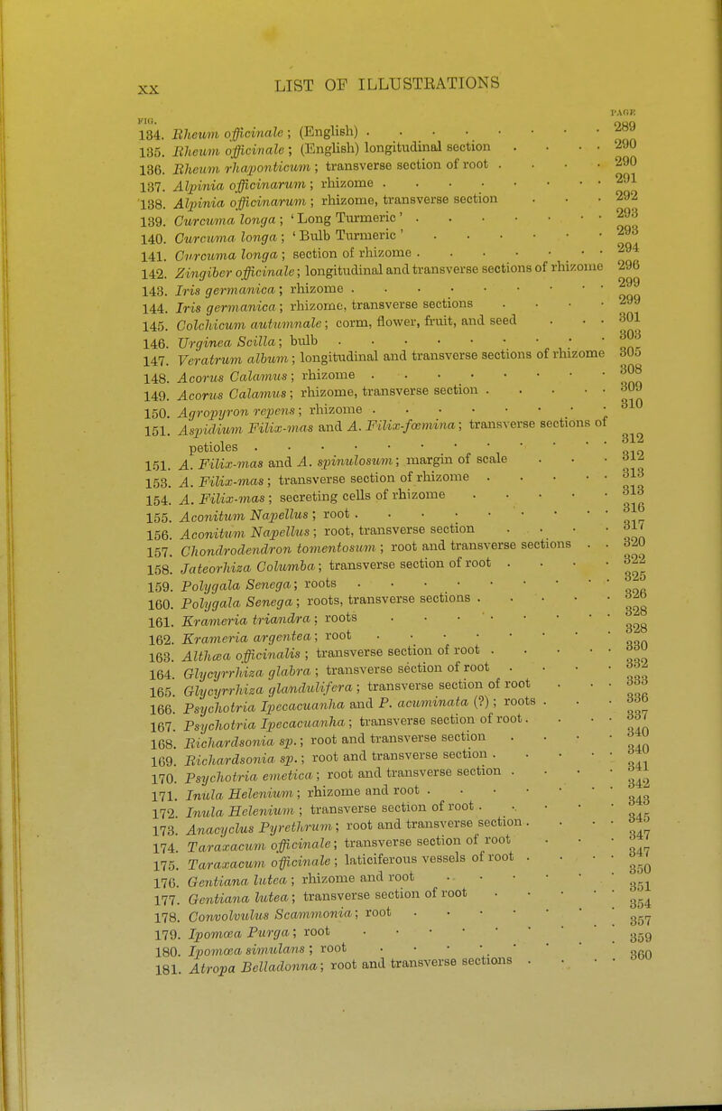 KIO. 134. 135. 136. 137. 138. 139. 140. 141. 142. 143. 144. 145. 146. 147. 148, 149, 150 151 151. 153. 154, 155, 156. 157. 158. 159. 160. 161. 162. 163. 164. 165. 166. 167. 168. 169. 170. 171. 172. 173. 174. 175. 176. 177, 178 179 180 181 Rheum officinale ; (English) Rheum offieimale ; (English) longitudinal section . Rheum rhaponticwm; transverse section of root . Alpinia officinarum ; rhizome . Alpinia officinarum ; rhizome, transverse section Curcuma longa ; ' Long Turmeric ' Curcuma longa ; ' Bulb Turmeric ' Curcuma longa ; section of rhizome • ■ Zingiber officinale; longitudinal and transverse sections of rhizome Iris germanica ; rhizome Iris germanica; rhizome, transverse sections .... Colchicum autumnale; corm, flower, fruit, and seed . • • Urginea Scilla; bidb Veratrum albicm; longitudinal and transverse sections of rhizome Acorus Calamus; rhizome . ■ . • Acorus Calamus; rhizome, transverse section Agropyron rcpens; rhizome • Aspidium Filix-mas and A. Filix-foemina; transverse sections of petioles A. Filix-mas and A. spinulosum; margin of scale , A. Filix-mas ; transverse section of rhizome . . A. Filix-mas ; secreting cells of rhizome . Aconitum Napellus ; root ... ... Aconitum Napellus ; root, transverse section Chondrodendron tomentosum ; root and transverse sections Jateorhiza Columba; transverse section of root . Polygala Senega; roots Poly gala Senega; roots, transverse sections . Krameria triandra; roots . • ■ Krameria argentea; root . Althcea officinalis ; transverse section of root . Glycyrrhiza glabra ; transverse section of root . Glycyrrhiza glandulifera ; transverse section of root Psijchoiria Ipecacuanha and P. acuminata (?); roots Psychotria Ipecacuanha; transverse section of root Richardsonia sp.; root and transverse section . Richardsonia sp.; root and transverse section . Psychotria emetica ; root and transverse section . Inula Helenium; rhizome and root . Inula Helenium ; transverse section of root . Anacyclus Pyrethrum; root and transverse section Taraxacum officinale; transverse section of root Taraxacum officinale; laticiferous vessels of root Gentiana lutea ; rhizome and root , Gentiana lutea; transverse section of root Convolviolus Scammonia; root . Ipomcea Purga; root . . Ipomcea simulans ; root . Atropa Belladonna; root and transverse sections PA OK 289 290 290 291 292 293 293 294 296 299 299 301 303 305 308 309 310 312 312 313 313 316 317 320 322 325 326 328 328 , 330 . 332 . 333 . 336 . 337 . 340 . 340 . 341 . 342 . 343 . 345 . 347 . 347 . 350 . 351 . 354 . 357 . 359 . 360