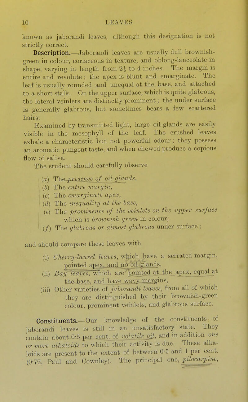 known as jaborandi leaves, although this designation is not strictly correct. Description.—Jaborandi leaves are usually dull brownish- green in colour, coriaceous in texture, and oblong-lanceolate in shape, varying in length from 2£ to 4 inches, The margin is entire and revolute ; the apex is blunt and emarginate. The leaf is usually rounded and unequal at the base, and attached to a short stalk. On the upper surface, which is quite glabrous, the lateral veinlets are distinctly prominent; the under surface is generally glabrous, but sometimes bears a few scattered hairs. Examined by transmitted light, large oil-glands are easily visible in the mesophyll of the leaf. The crushed leaves exhale a characteristic but not powerful odour; they possess an aromatic pungent taste, and when chewed produce a copious flow of saliva. The student should carefully observe (a) Th&-prescnce of oil-glands, (b) The entire margin, (c) The emarginate apex, (d) The inequality at the base, (e) The prominence of the veinlets on the upper surface which is brownish green in colour, (/) The glabrous or almost glabrous under surface ; and should compare these leaves with (i) Cherry-laurel leaves, which have a serrated margin, pointed apex, and no oil-glands, (ii) Bay teates, which are pointed at the apex, equal at the base, and have wavy margins, (iii) Other varieties of jaborandi leaves, from all of which they are distinguished by their brownish-green colour, prominent veinlets, and glabrous surface. Constituents.—Our knowledge of the constituents, of jaborandi leaves is still in an unsatisfactory state. They contain about 0-5 per cent, of volatile oU, and in addition one or more alkaloids to which their activity is due. These alka- loids are present to the extent of between 0'5 and 1 per cent. (0-72, Paul and Oownley). The principal one, pilocarpme,