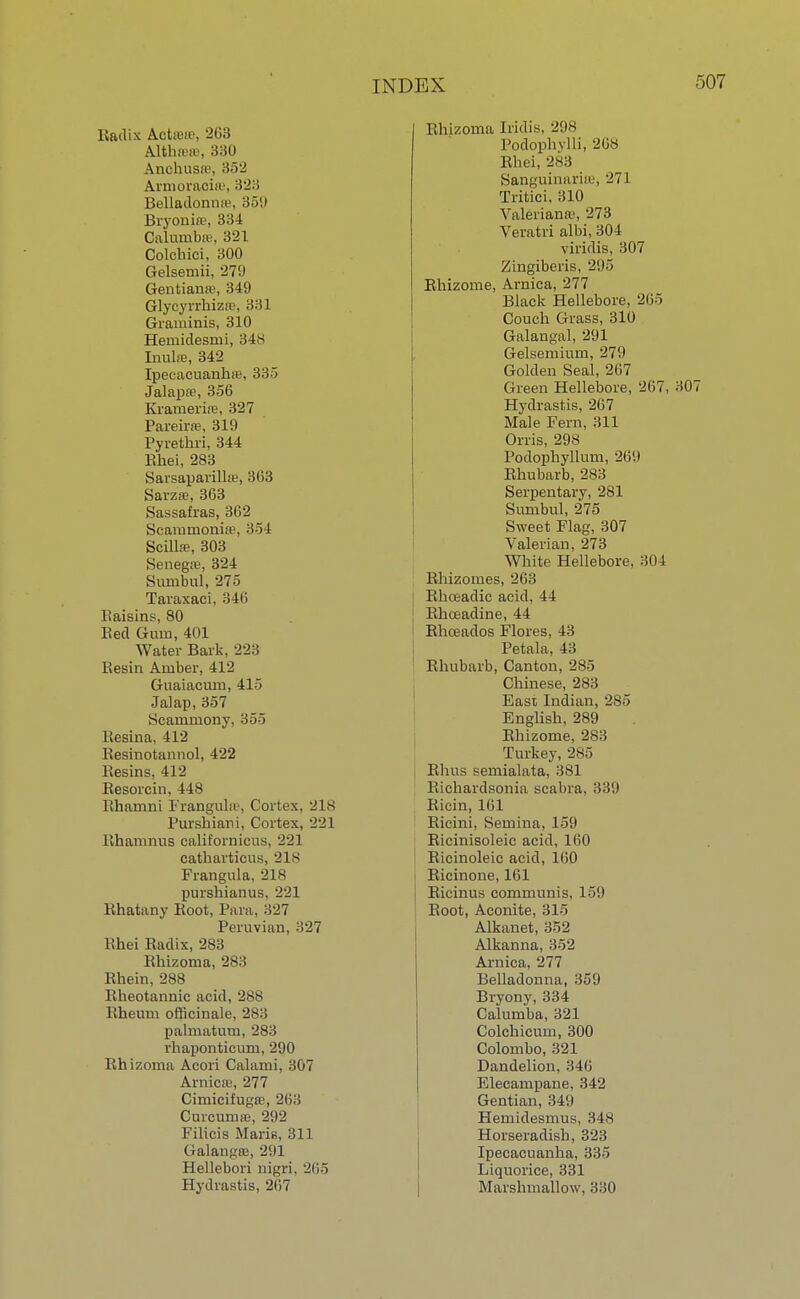 Radix Actow, 263 Althffiffl, 330 Anchusic, 352 Armoraoiffi, 323 Belladonna;, 35',) Bryonire, 334 Calumbre, 321 Colchici, 300 Gelsemii, -2711 Gentianie, 349 Glycyrrhizre, 331 Graminis, 310 Hemidesmi, 348 Inula;, 342 Ipecacuanha;, 335 Jalapre, 356 Kramerire, 327 Pareira;, 319 Pyrethri, 344 Rhei, 283 Sarsaparillte, 363 Sarza;, 363 Sassafras, 362 Scammonire, 354 Scillas, 303 Senega;, 324 Sumbul, 275 Taraxaci, 346 llaisins, 80 Red Gum, 401 Water Bark, 223 Resin Amber, 412 Guaiacum, 415 Jalap, 357 Scammony, 355 llesina, 412 Resinotannol, 422 Resins, 412 Resorcin, 448 Rhamni Frangulas, Cortex, 2ls Purshiani, Cortex, 221 llhanmus californicus, 221 catharticus, 218 Frangula, 218 purshianus, 221 Rhatany Root, Para, 327 Peruvian, 327 Rhei Radix, 283 Rhizoma, 283 Rhein, 288 Rheotannic acid, 288 Rheum officinale, 283 palmatum, 283 rhaponticum, 290 Rhizoma Acori Calami, 307 Arnica;, 277 Cimicifuga;, 263 Curcumas, 292 Filicis Maris, 311 GalangtB, 291 Hellebori nigri, 265 Hydrastis, 267 Rhizoma Iridis, 298 Podophylli, 268 Rhei, 283 Sanguinarise, 27 L Tritici, 310 Valeriana-, 273 Veratri albi, 304 viridis, 307 Zingiberis, 295 Rhizome, Arnica, 277 Black Hellebore, 265 Couch Grass, 310 Galangal, 291 Gelsemium, 279 Golden Seal, 267 Green Hellebore, 267, 307 Hydrastis, 267 Male Fern, 311 Orris, 298 Podophyllum, 269 Rhubarb, 283 Serpentary, 281 Sumbul, 275 Sweet Flag, 307 Valerian, 273 White Hellebore, 304 Rhizomes, 263 Rhoeadic acid, 44 Rhoeadine, 44 ! Rhoeados Flores, 43 Petala, 4;; Rhubarb, Canton, 285 Chinese, 283 East Indian, 285 English, 289 Rhizome, 283 Turkey, 285 Rhus semialata, 381 Richardsonia scabra, 339 Ricin, l(jl Ricini, Semina, 159 Ricinisoleic acid, 160 Ricinoleic acid, 160 Ricinone, 161 Ricinus communis, 159 Root, Aconite, 315 Alkanet, 352 Alkanna, 352 Arnica, 277 Belladonna, 359 Bryony, 334 Calumba, 321 Colehicum, 300 Colombo, 321 Dandelion, 346 Elecampane, 342 Gentian, 349 Hemidesmus, 34s Horseradish, 323 Ipecacuanha, 335 Liquorice, 331 Marshmallow, 330