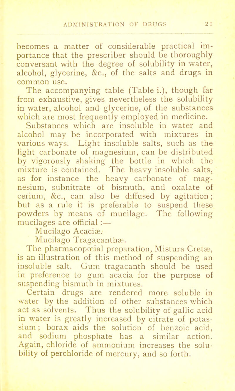 ADMINISTRATION OF DRUGS 2T becomes a matter of considerable practical im- portance that the prescriber should be thoroughly conversant with the degree of solubility in water, alcohol, glycerine, &c, of the salts and drugs in common use. The accompanying table (Table i.), though far from exhaustive, gives nevertheless the solubility in water, alcohol and glycerine, of the substances which are most frequently employed in medicine. Substances which are insoluble in water and alcohol may be incorporated with mixtures in various ways. Light insoluble salts, such as the light carbonate of magnesium, can be distributed by vigorously shaking the bottle in which the mixture is contained. The heavy insoluble salts, as for instance the heavy carbonate of mag- nesium, subnitrate of bismuth, and oxalate of cerium, &c, can also be diffused by agitation; but as a rule it is preferable to suspend these powders by means of mucilage. The following mucilages are official : — Mucilago Acaciae. Mucilago Tragacantha\ The pharmacopceial preparation, Mistura Cretae, is an illustration of this method of suspending an insoluble salt. Gum tragacanth should be used in preference to gum acacia for the purpose of suspending bismuth in mixtures. Certain drugs are rendered more soluble in water by the addition of other substances which act as solvents. Thus the solubility of gallic acid in water is greatly increased by citrate of potas- sium ; borax aids the solution of benzoic acid, and sodium phosphate has a similar action. A^ain, chloride of ammonium increases the solu- bility of perchloride of mercury, and so forth.