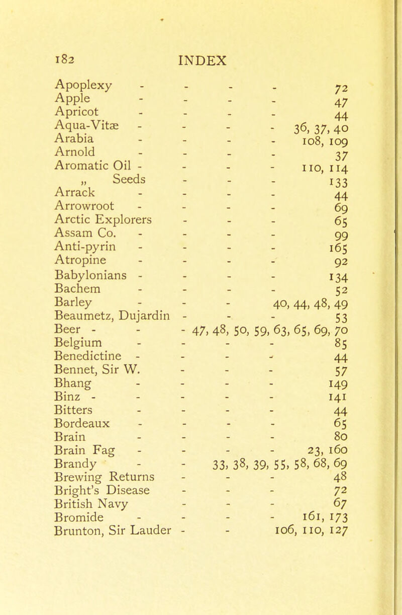 Apoplexy - . . . ^2 Apple - - . . 47 Apricot - - - . 44 Aqua-Vitae - - . . 36, 37,40 Arabia - - - . 108, 109 Arnold - . _ . 2/ Aromatic Oil - - - - no, 114 „ Seeds - - - 133 Arrack - - . . 44 Arrowroot - . _ _ Qg Arctic Explorers - . . Assam Co. - - . _ gg Anti-pyrin - . . . Atropine - . . _ g2 Babylonians - - - - 134 Bachem - - - - 52 Barley - - - 40,44,48,49 Beaumetz, Dujardin - - - 53 Beer - - - 47, 48, 50, 59, 63, 65, 69, 70 Belgium . . - . 85 Benedictine ... - 44 Bennet, Sir W. - - - 57 Bhang .... 149 Binz ----- 141 Bitters . . - - 44 Bordeaux . - - . 65 Brain . . - - 80 Brain Fag - - - - 23, 160 Brandy - - 33, 38, 39, 55, 58, 68, 69 Brewing Returns - . - 48 Bright's Disease . - _ 72 British Navy . . - 67 Bromide . . - - 161, 173 Brunton, Sir Lauder - - 106,110,127
