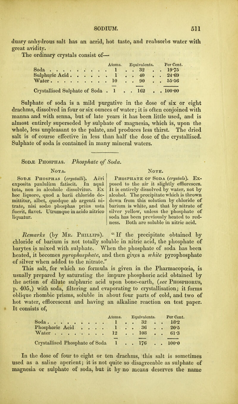 duary anhydrous salt has an acrid, hot taste, and reabsorbs water with great avidity. The ordinary crystals consist of— Atoms. Equivalents. Per Cent. Soda • . . . 1 . . 32 . . 19-75 Sulphuric Acid 1 . . 40 .. 24-69 Water' 10 . . 90 . . 55-56 Crystallised Sulphate of Soda .1 . . 162 . . 100-00 Sulphate of soda is a mild purgative in the dose of six or eight drachms, dissolved in four or six ounces of water; it is often conjoined with manna and with senna, but of late years it has been little used, and is almost entirely superseded by sulphate of magnesia, which is, upon the whole, less unpleasant to the palate, and produces less thirst. The dried salt is of course effective in less than half the dose of the crystallised. Sulphate of soda is contained in many mineral waters. SoD^ Phosphas. Phosphate of Soda. Not A. SoD^ Phosphas {crystalli). Aeri exposita paululum fatiscit. In aqua tota, non in alcohole dissolvitur. Ex hoc liquore, quod a barii chlorido de- mittitur, albet, quodque ab argenti ni- trate, nisi sodse phosphas prius usta fuerit, flavet. Utrumque in acido nitrico liquatur. Note. Phosphate of Soda (crystals). Ex- posed to the air it shglitly effloresces. It is entirely dissolved by water, not by alcohol. The precipitate which is thrown down from this solution by chloride of barium is white, and that by nitrate of silver yellow, imless the phosphate of soda has been previously heated to red- ness. Both are soluble in nitric acid. Remarks (by Mk. Phillips). If the precipitate obtained by chloride of barium is not totally soluble in nitric acid, the phosphate of barytes is mixed with sulphate. When the phosphate of soda has been heated, it becomes pyrophosphate., and then giv.es a white pyrophosphate of silver when added to the nitrate. This salt, for which no formula is given in the Pharmacopoeia, is usually prepared by saturating the impure phosphoric acid obtained by the action of dilute sulphuric acid upon bone-earth, {see Phosphorus, p. 405,) with soda, filtering and evaporating to crystallisation; it forms oblique rhombic prisms, soluble in about four parts of cold, and two of hot water, efflorescent and having an alkaline reaction on test paper. It consists of, Soda Phosphoric Acid Water . . . . Atoms. 1 1 12 Crystallised Phosphate of Soda Equivalents. . 32 . . 36 . . 108 . . 176 . Per Cent. 18-2 20-5 61-3 100-0 In the dose of four to eight or ten drachms, this salt is sometimes used as a saline aperient; it is not quite so disagreeable as sulphate of magnesia or sulphate of soda, but it by no means deserves the name