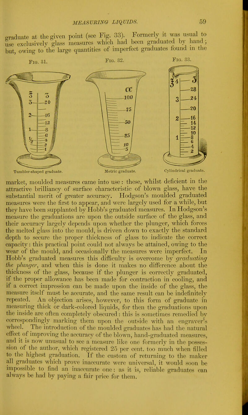 graduate at the given point (see Fig. 33). Formerly it was usual to use exclusively «luss measures which had been graduated by hand; but owing- to the large quantities of imperfect graduates found in the Fia. 31. Fia. 32. Fin. 33. -28 -24 -20 -16 14 -12 10 -8 6 -4 2 Tumbler-shaped graduate. Metric graduate. Cylindrical graduate. market, moulded measures came into use : these, whilst deficient in the attractive brilliancy of surface characteristic of blown glass, have the substantial merit of greater accuracy. Hodgson's moulded graduated measures were the first to appear, and were largely used for a while, but they have been supplanted by Hobb's graduated measures. In Hodgson's measure the graduations are upon the outside surface of the glass, and their accuracy largely depends upon whether the plunger, which forces the melted glass into the mould, is driven down to exactly the standard depth to secure the proper thickness of glass to indicate the correct capacity: this practical point could not always be attained, owing to the wear of the mould, and occasionally the measures were imperfect. In Hobb's graduated measures this difficulty is overcome by graduating the plunger, and when this is done it makes no difference about the thickness of the glass, because if the plunger is correctly graduated, if the proper allowance has been made for contraction in cooling, and if a correct impression can be made upon the inside of the glass, the measure itself must be accurate, and the same result can be indefinitely repeated. An objection arises, however, to this form of graduate in measuring thick or dark-colored liquids, for then the graduations upon the inside are often completely obscured : this is sometimes remedied by correspondingly marking them upon the outside with an engraver's wheel. The introduction of the moulded graduates has had the natural effect of improving the accuracy of the Mown, hand-graduated measures, and it is now unusual to see a measure like one formerly in the posses- sion of the author, which registered 25 per cent, too much when filled to the highest graduation. If the custom of returning to the maker all graduates which prove inaccurate were universal, it would soon be impossible to find an inaccurate one: as it is, reliable graduates can always be had by paying a fair price for them.