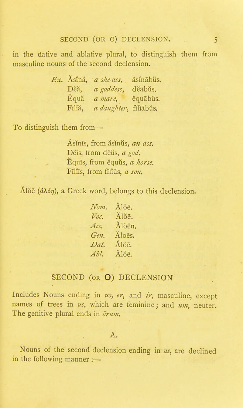 in the dative and ablative plural, to distinguish them from masculine nouns of the second declension. Ex. Asina, a she-ass, asinabus. Dea, a goddess, deabus. Equa a inare, equabus. Film, a daughter, filiabus. To distinguish them from— Asinis, from asinus, an ass. Deis, from deus, a god. Equis, from equiis, a horse. Filiis, from filiiis, a so?i. Aloe {oXorj), a Greek word, belongs to this declension. JVom. Aloe. Vac. Aloe. Acc. Aloen. Ge7i. Aloes. £)at. Aloe. Abl. Aloe. SECOND (or O) declension Includes Nouns ending in us, er, and ir, masculine, except names of trees in us, which are feminine; and urn, neuter. The genitive plural ends in drum. A. Nouns of the second declension ending in us, are declined in the following manner :—