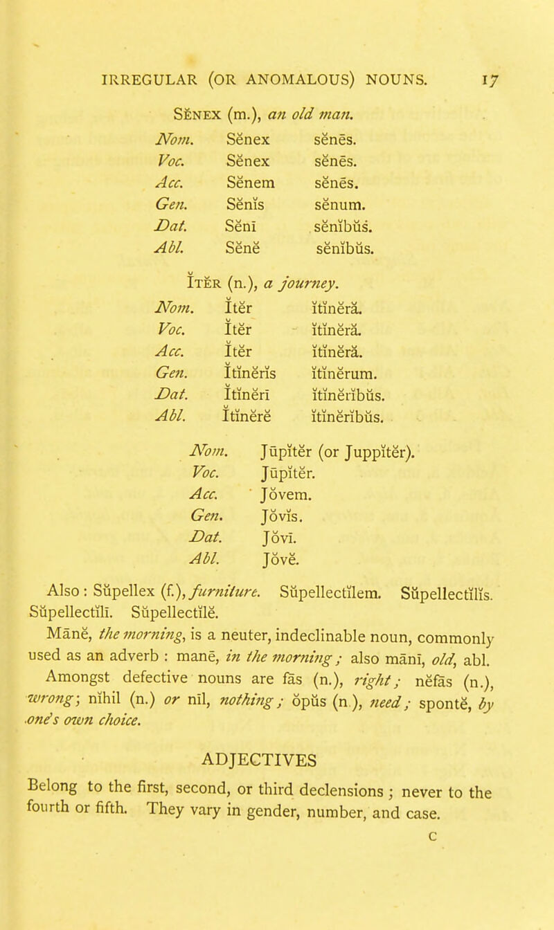 Senex (m.), an old man. Norn. Senex senes. Voc. Senex senes. Acc. Senem senes. Gen. benis senum. Dat. Seni . sembiis. AM. bene senibus. Iter (n.), a journey. Norn. Iter Itinera. Voc. iter Itinera. Acc. Iter itinera. Gen. Itineris itinerum. Dat. Itineri itineribiis. AM. Itinere itineribus. Norn. Jupiter (or Juppiter). Voc. Jupiter. Acc. Jovera. Gen. Jo VIS. Dat. Jovi. AM. Jove. Also: Supellex (f.),/«m//«r^. Supellectilem. Supellectilis. Supellectili. Siipellectile. Mane, the morning, is a neuter, indeclinable noun, commonly used as an adverb : mane, in the morning; also mani, old, abl. Amongst defective nouns are fas (n.), right; nefas (n.), wrong; nihil (n.) or nil, nothing; opiis (n ), need; sponte, by ■one's own choice. ADJECTIVES Belong to the first, second, or third declensions ; never to the fourth or fifth. They vary in gender, number, and case. c