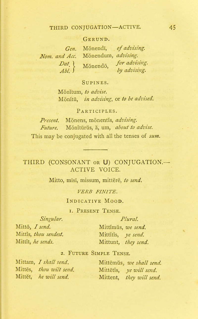 Gerund. Gen. Monendi, of advising. Nom. and Acc. Monendum, advisi?ig. Supines. Momtura, to advise. Momtu, in advising, or to be advised. Participles. Present. Monens, monentis, advising. Ftiture. Momturus, a, um, about to advise. This may be conjugated with all the tenses of sum. THIRD (CONSONANT or U) CONJUGATION. ACTIVE VOICE. Monendo, for advising, by advising. Mitto, misi, missum, mittere, to send. VERB FINITE. Indicative Mood. I. Present Tense. Singular. Plural. Mitto, I send. Mittis, thou sendest. Mittit, he sends. Mittimiis, we send. Mittitis, ye send. Mittunt, they send. 2. Future Simple Tense. Mittam, / shall send. Mittes, thou wilt send. Mittet, he will send. Mittemus, we shall send. Mittetis, ye will send. Mittent, they will send.