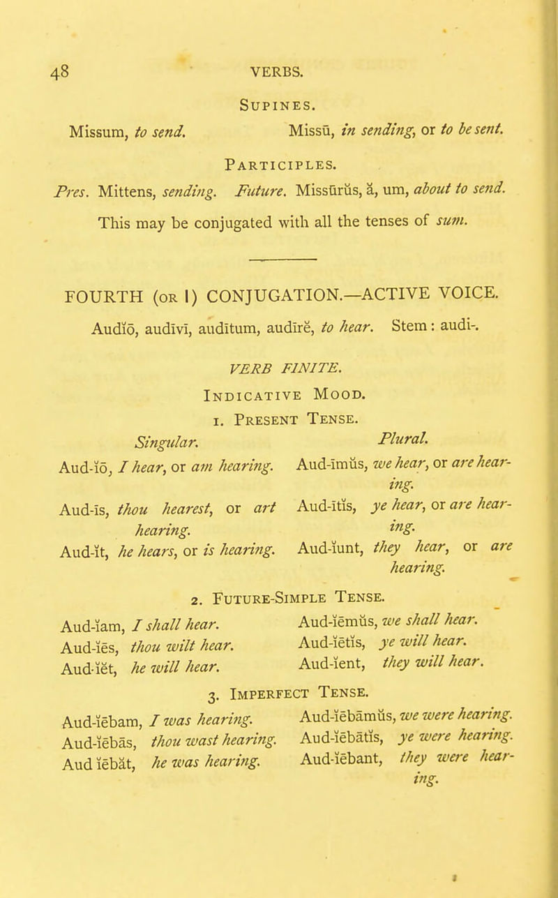 Supines. Missum, to send. Missu, in sending, or to be sent. Participles. Pres. Mittens, sending. Future. Missariis, a, um, about to send. This may be conjugated with all the tenses of sum. FOURTH (or I) CONJUGATION.—ACTIVE VOICE. Audio, audivi, auditum, audire, to hear. Stem: audi-. VERB FINITE. Indicative Mood. I. Present Tense. Singular. Plural. Aud-i5, / hear, or am hearing. Aud-imtis, we hear, or are hear- ing Aud-is, thou hearest, or art Aud-itis, ye hear, or are hear- hearing. ^^i- Aud-it, he hears, or is hearing. Aud-iunt, they hear, or are hearing. 2. Future-Simple Tense. Aud-iam, / shall hear. Aud-iemiis, we shall hear. Aud-ies, thou wilt hear. Aud-ietis, ye will hear. Aud-iet, he will hear. Aud-ient, they will hear. 3. Imperfect Tense. Aud-iebam, I was hearing Aud-iebamus, we were hearing Aud-iebas, thou wast heariftg Aud-iebatis, ye were hearing Audiebat, he was hearing Aud-iebant, they were hear-