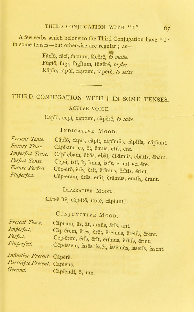 A few verbs which belong to the Third Conjugation have  I - in some tenses—but otherwise are regular ; as— Facio, feci, factum, facere, to make. Fugio, fugi, fiigitum, fiigere, to flee. Rapio, rapui, raptum, rapere, to seize. THIRD CONJUGATION WITH I IN SOME TENSES. ACTIVE VOICE. Capio, cepi, captum, capere, to take. Indicative Mood, Present Tense. Cipid, capis, capit, capimus, capitis, capiunt Future Tense. Capi-am, es, et, emus, etis, ent. Imperfect Tense. Cap:-ebam, ebas, ebat, ebamus, ebatis, ebant. Perfect Tense. Cep-i, isti, it, imus, istis, erunt vel ere Future Perfect. Cep-ero, eris, erit, erimus, erJtis, erint Pluperfect. Cep-eram, eras, erat, eramus, eratis, erant. Imperative Mood. Cap-g-ite, cap-ito, itote, capiunto. Conjunctive Mood. Present Tense. Capi-am, as, at, amus, atis, ant. Perfect '^™^' Pluperfect. Cep-issem, isses, isset, issemus, issetis, issent. Infinitive Present. Capere. Participle Present. Capiens. Gerund. CSpiendi, o, um.