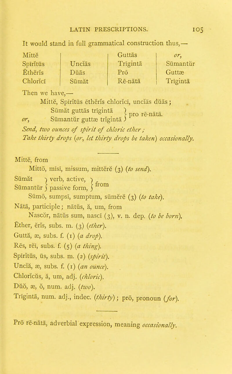 It would stand in full grammatical construction thus,— Mitte Spiritus Etheris Chlorici Uncias Duas Sumat Guttas Triginta Pro Re-nata or, Sumantur Guttse Triginta Then we have,— Mitte, Spiritus etheris chlorici, uncias duas; Sumat guttas triginta 7 - ° „ _ f pro re-nata. or, Siimantur guttas triginta J Send, two ounces of spirit of chloric ether ; Take thirty drops (or, let thirty divps be taken) occasionally. Mitte, from Mitto, misi, missum, mittere (3) {to send). Sumat -1 verb, active, Sumantiir j passive form, j Sumo, sumpsi, sumptum, sumere (3) {to take). Nata, participle; natus, a, um, from Nascor, natus sum, nasci (3), v. n. dep. {to be born). Ether, eris, subs. m. (3) {ether). Gutta, ffi, subs. f. (i) {a drop). Res, rei, subs. f. (5) {a thing). Spiritus, us, subs. m. (2) {spirit). Uncia, as, subs. f. (i) {an ounce). Chloricus, a, um, adj. {chloric). DGo, ae, 6, num. adj. {two). Triginta, num. adj., indec. {thirty); pro, pronoun {for). Pro re-nata, adverbial expression, meaning occasionally.