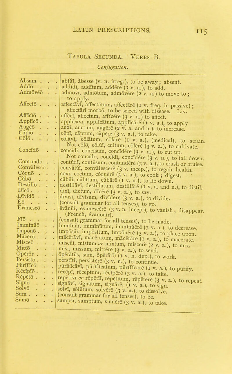 Tabula Secunda. Verbs B. Conjugation. Absum . Adds . Admoveo Affects . Afficio Applies. Augeo CapiS Cols. Concido Contundo Convalesce. CoquS Cubs Destillo DicS. ■DividS fis . EvanescS Flo . . ImminuS ImpSnS . Macero . MisceS . Mitts . Operor . Persists. Piirifico Recipio . RgpgtS . Signs Solvo Sum. . Sumo abfui, abessS (v. n. irreg.), to be away; absent, addidi,^ additum, addere (3 v. a.), to add. admovi, admotum, admovere (2 v. a.) to move to; to apply. affectavl, affectatum, affectare (r v. freq. in passive); affectari morbS, to be seized with disease. Liv. affecl, affectum, afflcere (3 v. a.) to affect. applicavl, appllcatum, applicare (i v. a.), to apply auxi, auctum, augere (2 v. a. and n.), to increase. cepi, captum, capece (3 v. a.), to take. colavi, colatum, colare (i v. a.), (medical), to strain. Not colo, coliii, cultum, colere (3 v. a.), to cultivate. concidi, concisum, concidere (3 v. a.), to cut up. Not concido, concidT, concidere (3 v. n.), to fall do\vn. contudi, contusiim, contundere (3 v. a.), to crush or bruise. convalul, convalescere (3 v. incep.), to regain health. coxi, coctum, coquere (3 v. a.), to cook ; digest. cubui. cubitum, cubare (i v. n.), to lie down. destillavi, destillatum, destillare (i v. a. and n.), to distil dixi, dictum, dicere {3 v. a.), to say. divisi, divTsum, dlvidere {3 v. a.), to divide. (consult grammar for all tenses), to go. evarnu, evanescere (3 v. n. incep.), to vanish; disappear, (trench, evanouir). (consult grammar for all tenses), to be made. immmfii, immlniitum, imminuere (3 v. a.), to decrease imposui, impositum, impSnere (3 v. a.), to place upon, maceravi, maceratum, macerare (i v. a.), to macerate miscm, mistum or mixtum, miscere (2 v. a.), to mix mTsi,_ missum, mittere (3 v. a.), to send. operatiis, sum, operari) (i v. n. dep.), to work perstiti, persistere (3 v. n.), to continue. punficavl, purlficatum, purificare (i v. a.), to purify recepi, receptum, recipere (3 v. a.), to take. rep6_tivi or repetli, rep«itum, repetere (3 v. a.), to repeat signavi, signatum, signarg, (i v. a.), to sign ^ solvi, solutum, solvere (3 v. a.), to dissolve. (consult grammar for all tenses), to be