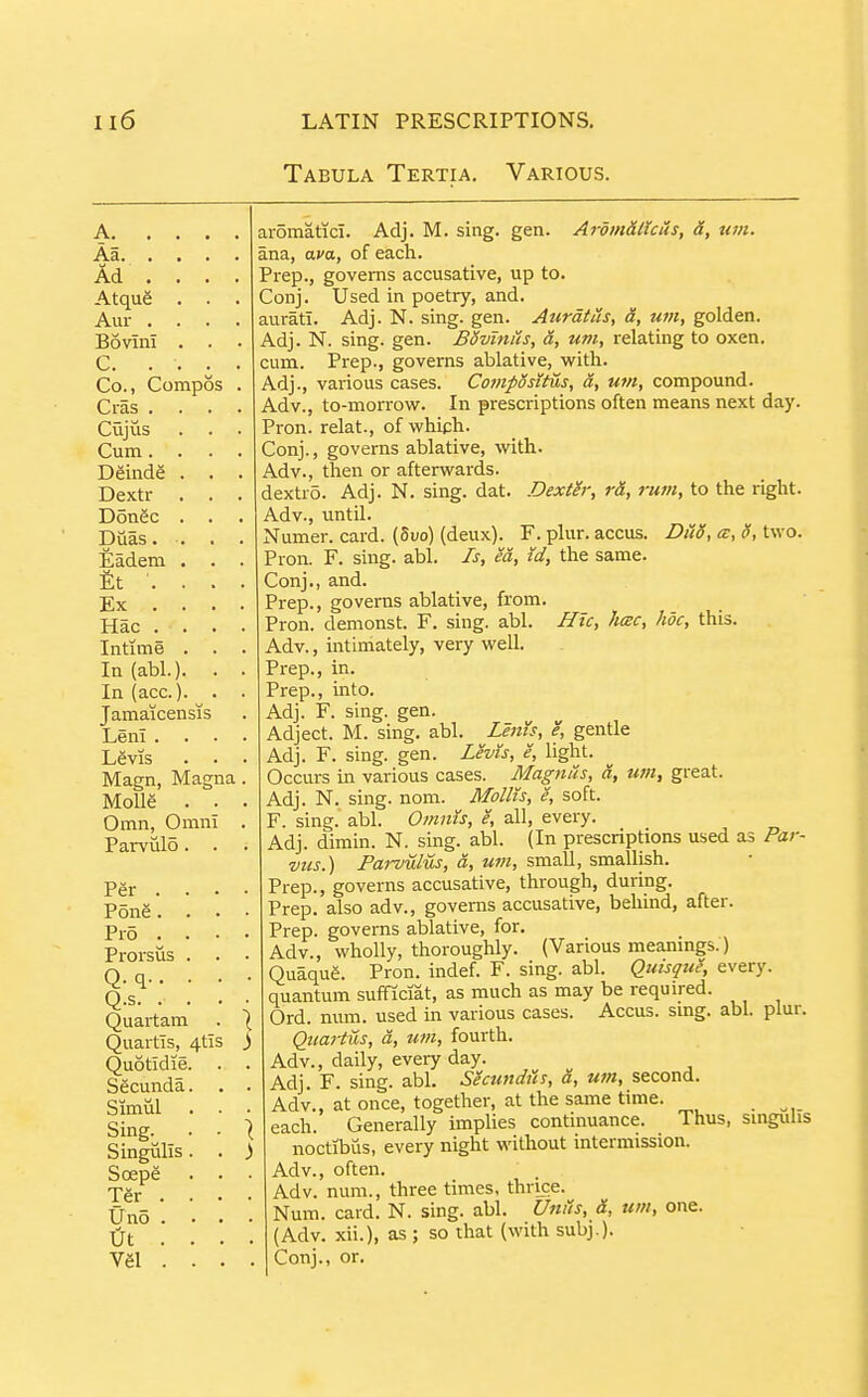 Tabula Tertia. Various. A. . Aa. . Ad . AtquS Aur . Bovinl C. . Co., Compos Cras . Cujiis Cum. Deinde . Dextr . Donee . Diias. . Eadem . £t . Ex . . Hac . . Intime . In (abl.). In (ace). Jamaicensis LenI . Levis Magn, Magna, MoUe Omn, Omni Parvulo. Per . . Pone. . Pro . . Prorsus . Q.q.. . Q.s. . . Quartam QuartTs, 4tis Quotldie. Secunda. Simiil Sing. Singulis Soepe T6r . Uno . tJt . V61 . Dexth; r&, rujii, to the right. F. plur. accus. Dud, a, o, two. aromaticT. Adj. M. sing. gen. AromMcus, d, um. ana, ava, of each. Prep., governs accusative, up to. Conj. Used in poetry, and. aurati. Adj. N. sing. gen. Aurdttis, d, um, golden. Adj. N. sing. gen. BSvinus, d, um, relating to oxen, cum. Prep., governs ablative, vi'ith.. Adj., various cases. Coniposttus, d, um, compound. Adv., to-morrovir. In prescriptions often means next day. Pron. relat., of which. Conj., governs ablative, with. Adv., then or afterwards, dextro. Adj. N. sing. dat. Adv., until. Numer. card. (5uo) (deux). Pron. F. sing. abl. Is, ed, id, the same. Conj., and. Prep., governs ablative, from. Pron. demonst. F. sing. abl. Htc, fuBC, hoc, this. Adv., intimately, very well. Prep., in. Prep., into. Adj. F. sing. gen. Adject. M. sing. abl. Lems, e, gentle Adj. F. sing. gen. Levis, e, light. Occurs in various cases. Magnus, d, um, great. Adj. N. sing. nom. Mollis, e, soft. F. sing. abl. Omnts, e, all, every. Adj. dimin. N. sing. abl. (In prescriptions used as Par- vus.) Parvulus, a, um, small, smallish. Prep., governs accusative, through, during. Prep, also adv., governs accusative, behind, after. Prep, governs ablative, for. Adv., wholly, thoroughly. (Various meanings.) Quaque. Pron. indef. F. sing. abl. Quisque, every. quantum sufficiat, as much as may be required. Ord. num. used in various cases. Accus. smg. abl. plur. Qiiartus, d, um, fourth. Adv., daily, eveiy day. Adj. F. sing. abl. Sectmdiis, a, um, second. Adv., at once, together, at the same time. _ each. Generally implies continuance. Thus, singulis noctibus, every night without intermission. Adv., often. Adv. num., three times, thnce. Num. card. N. sing. abl. Unus, d, um, one. (Adv. xii.), as ; so that (with subj.). Conj., or.